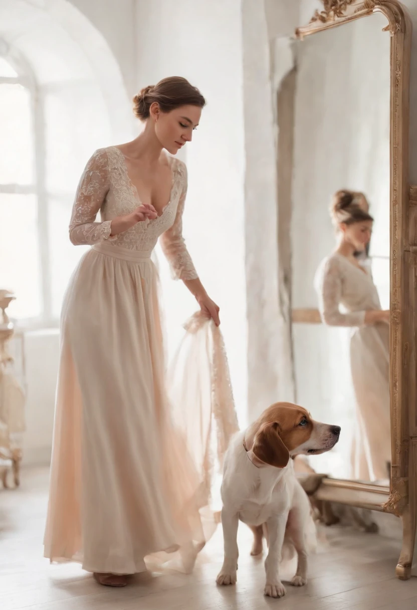 A woman gracefully dresses herself in front of a mirror, while her playful puppy tugs at the end of her dress. The scene is imbued with soft, warm lighting, capturing the intimate moment. The artist employs an Impressionist style with realistic details, using oil on canvas to create a pastel and muted color scheme. The resulting image should exude a sense of coziness and connection.