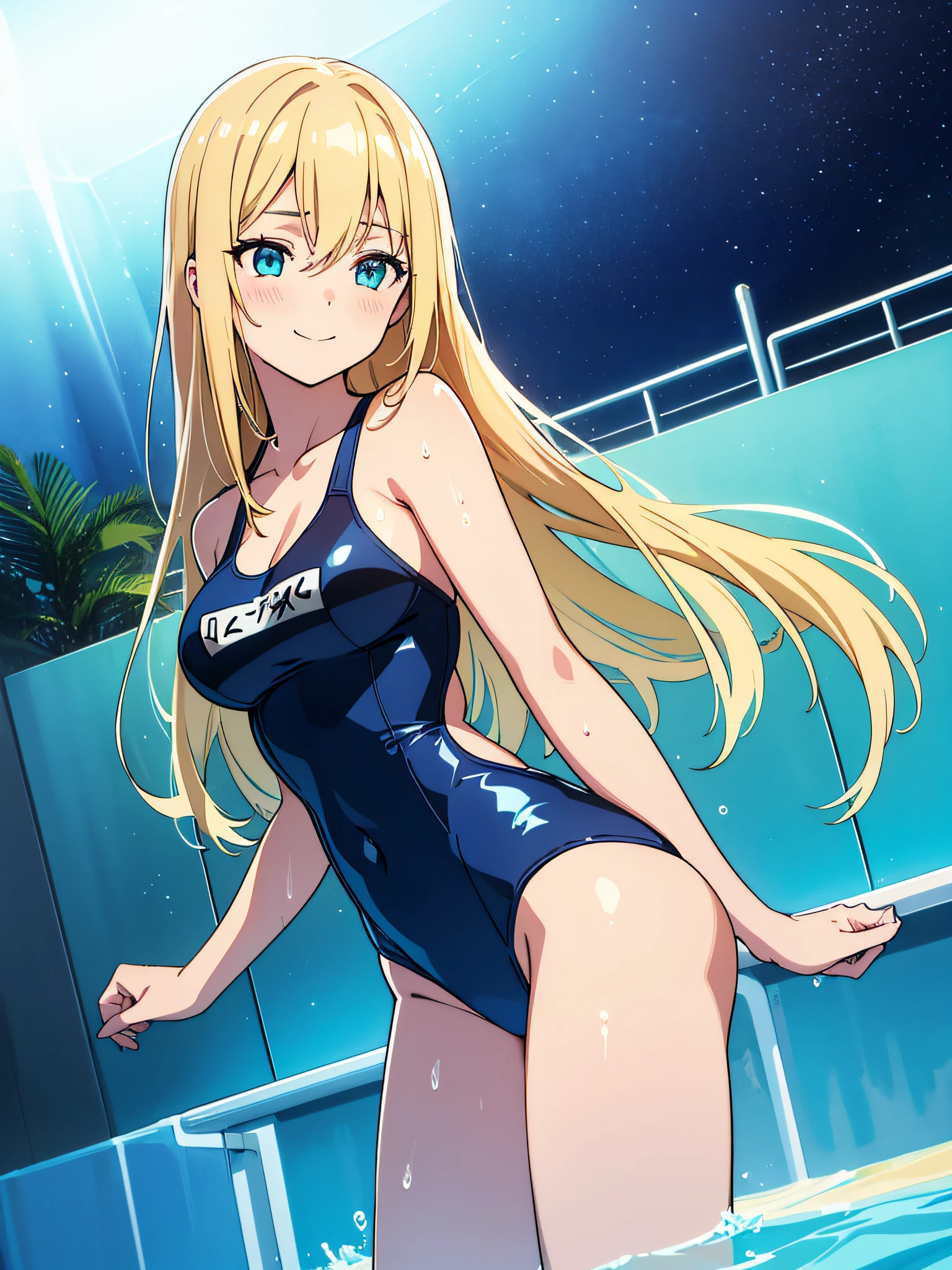 1girll,Masterpiece,illustration,(Best quality:1.4),Beautiful detailed eyes ,Very long hair,crossed bangs,Blonde hair,Shiny hair ,aquamarine Eyes ,Smile ,(Large breasts:0.7) ,high-leg swimsuit,compete swimsuit,Moist,Sweat ,Swimming ,From the front side ,In the pool,Night,Starry sky,Neon light