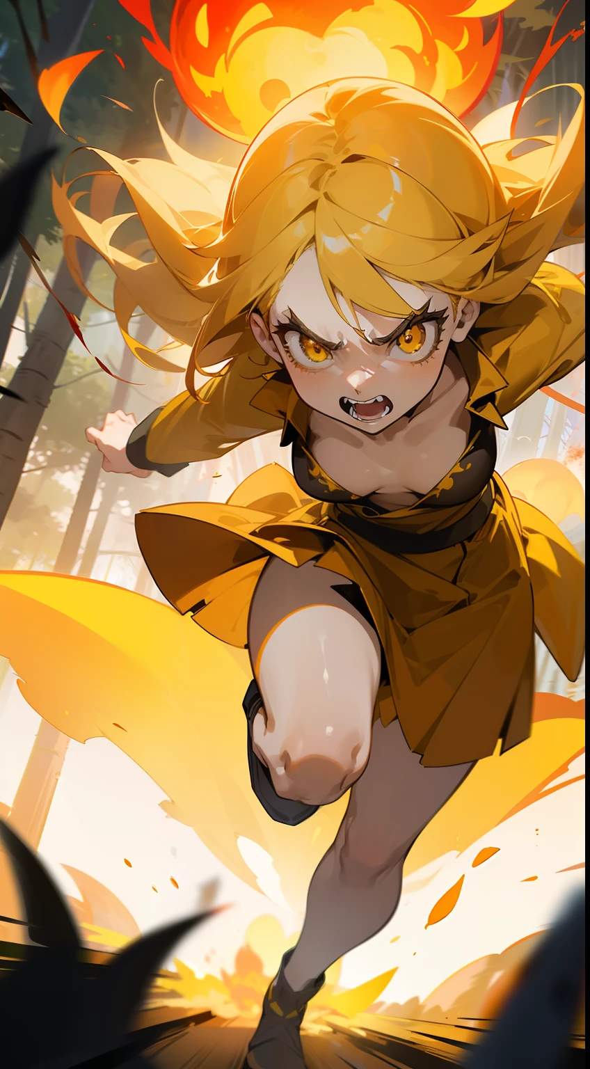 1girl small,solo,20s,angry face,open mouth,(((woman face))),little cleavage,yellow blouse,yellow skirt, yellow hair,long hair,yellow eyes,burning body,burning on floor,(((running in front of a forest))),(((attacking with fire balls))),close-up