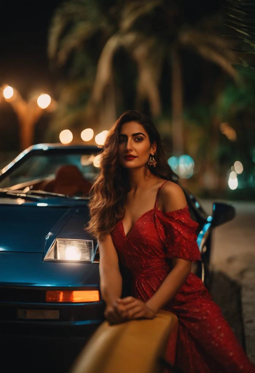 A young Turkish girl at Miami ,retro vibes along with a Ferrari testarossa , enjoying nightscape , near palm trees , wearing khadi brand suit , Mehwish Hayat