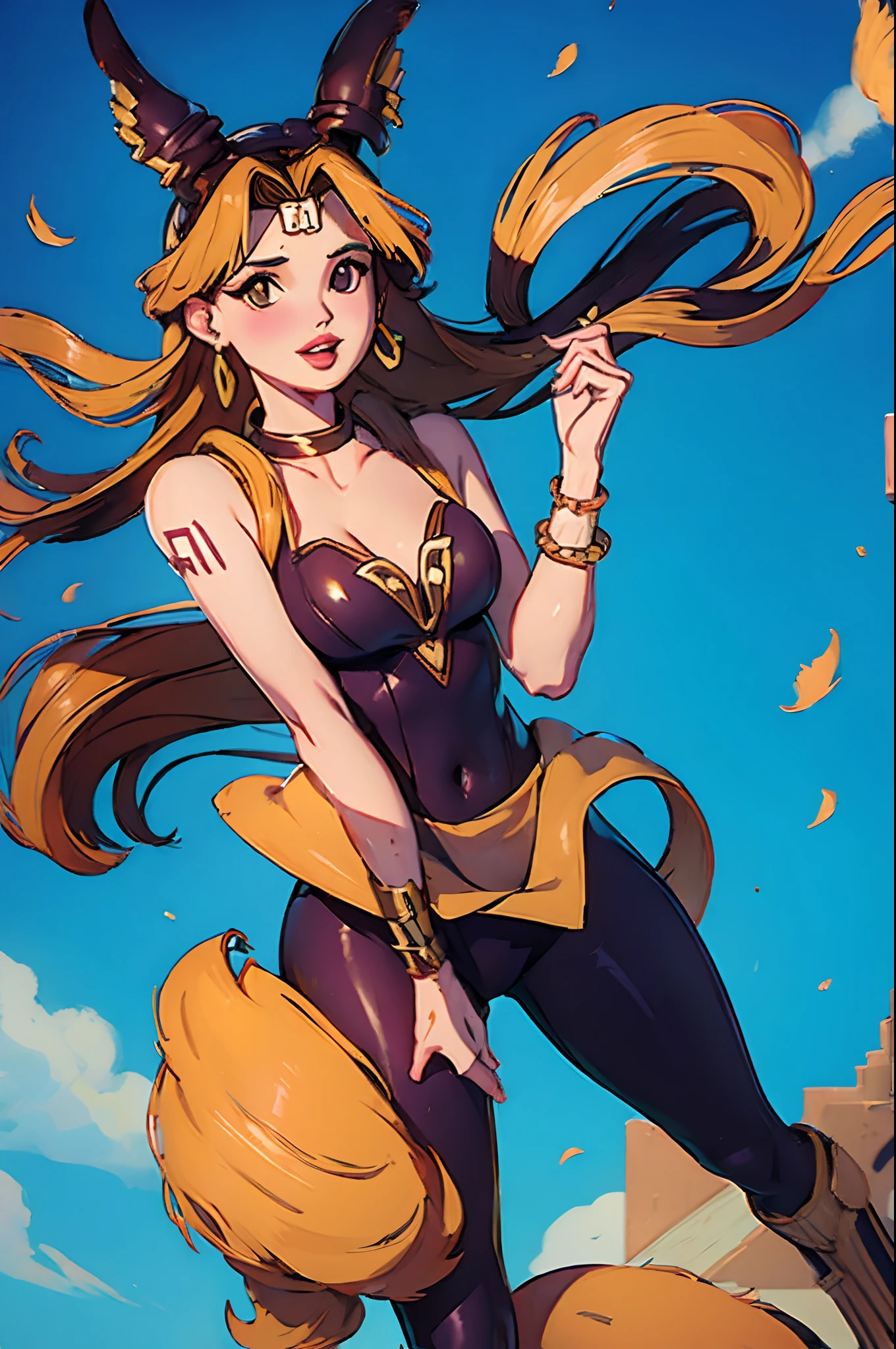 Arte inspirada no estilo de John Buscema,Excelente Obra-Prima, parte superior do corpo, (adulto: 1.6) Hungarian woman, (Risadinha: 0.4), arms behind her head, Golden braids, olhos brilhantes, Vestido de sol vitoriano, Floating particles of light, Centrado, Adicionado detalhe facial