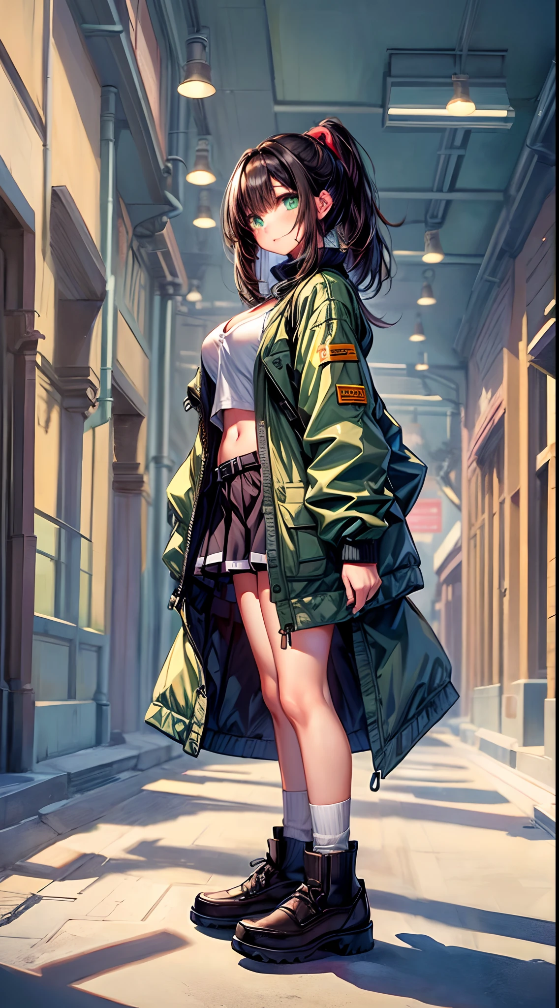 /(pathway in  a park/), (masterpiece, best quality:1.4), 1girl, solo, petite, (an extremely beautiful and delicate), green eyes,  long black hair, medium hair, hair between eyes, ponytail, medium breasts, puffy jacket,open shirt, black skirt, kneehigh socks, loafers, indoors, office, cleavage, closed_mouth, large_breasts,undersized clothes, long_hair, looking_at_viewer, navel, signature, solo, posing,thighs, tall female, on back, narrow waist, naughty face, flustered, surprised,(masterpiece, best quality:1.4),high quality, highly detailed,detailed,perfect,standing,leaning over,from the side