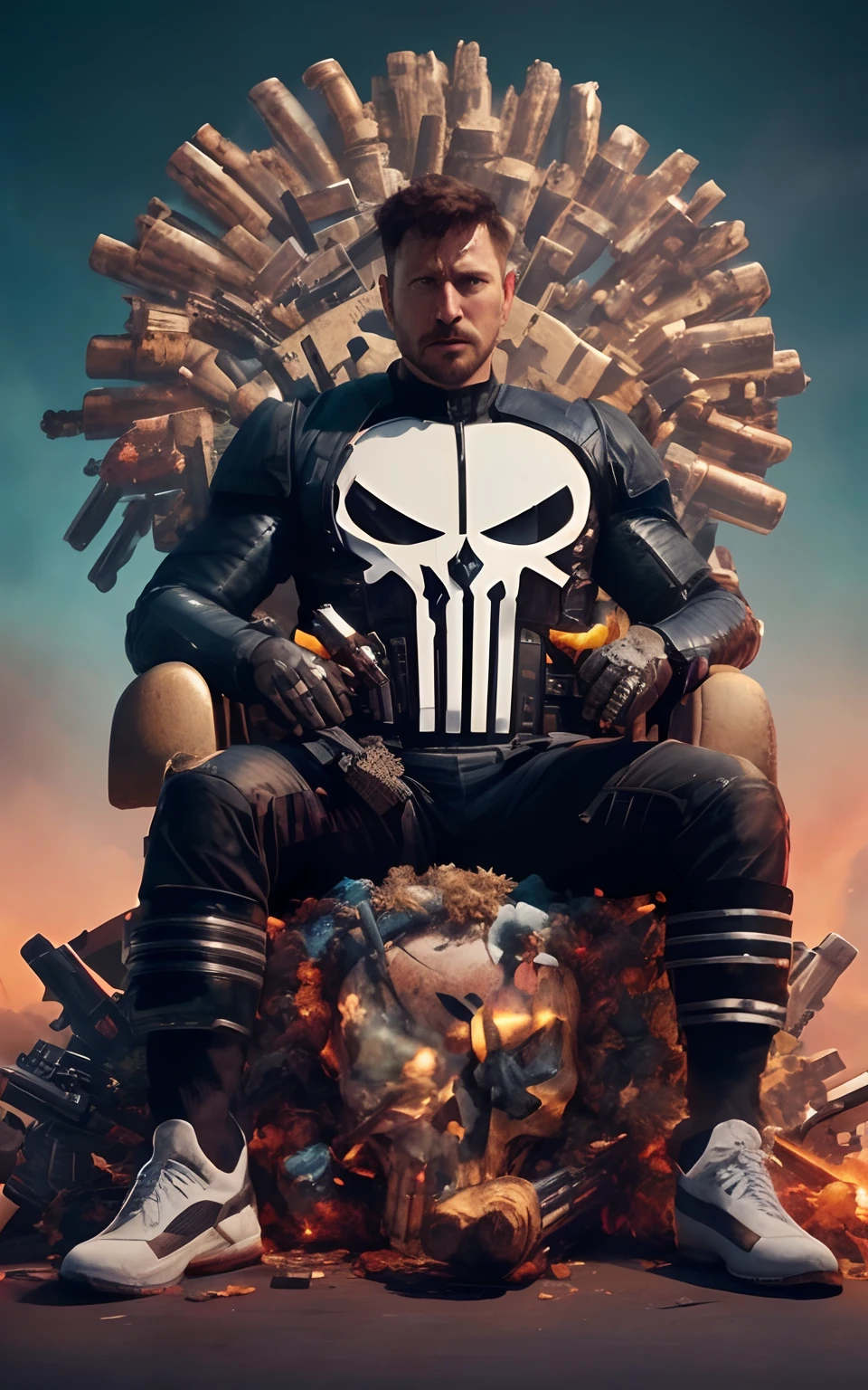 a man sitting on a throne with a bunch of guns, punisher, boris johnson as punisher, elon musk as punisher, textless, movie poster character, profile pic, portrait shot, avatar image, badass composition, movie promotional image, hq 4k phone wallpaper, wojtek fus, profile picture, profile image, sitting on a metal throne, badass pose, ghost rider