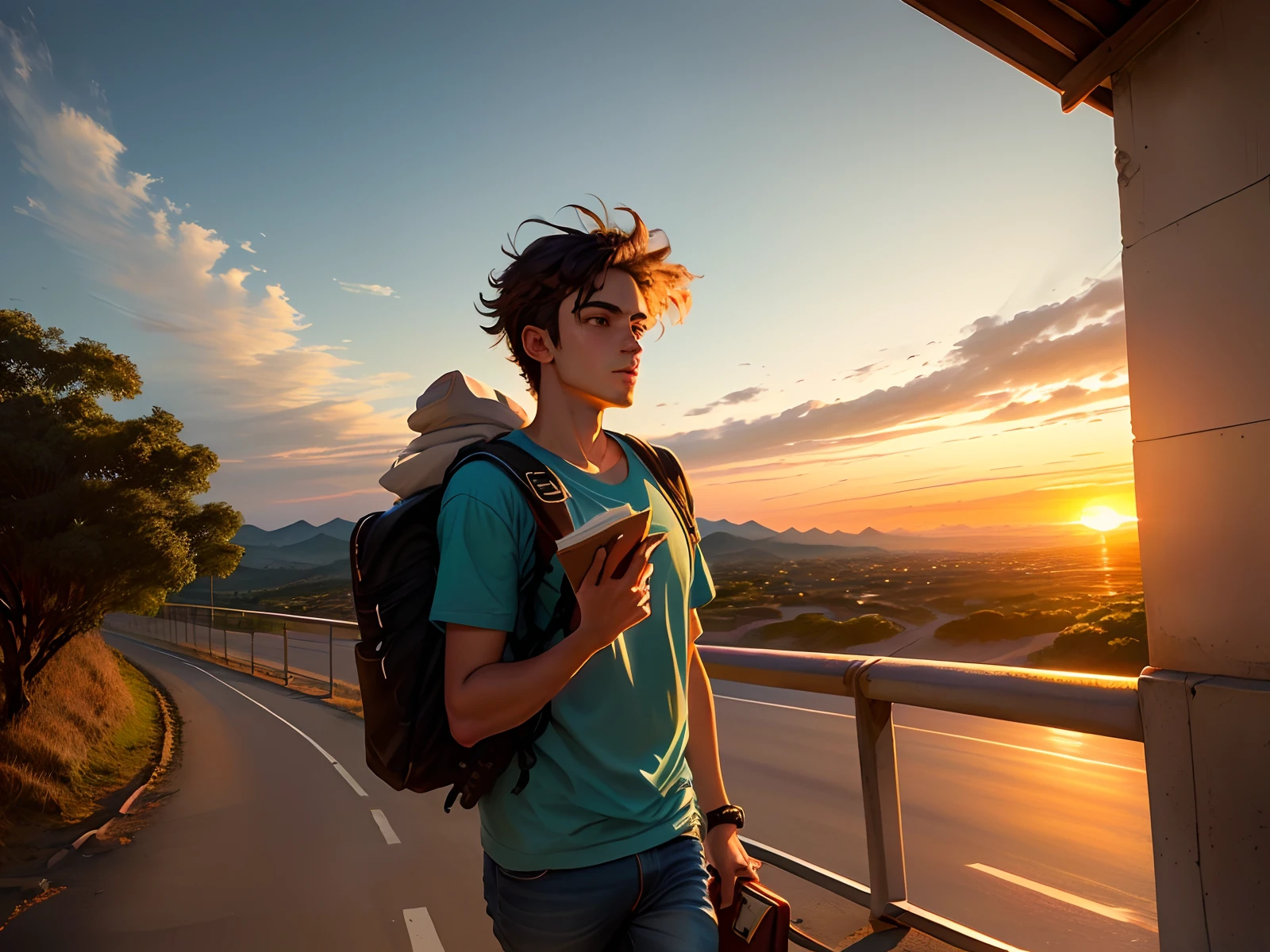 Caminho com por do sol, com idoso lendo um livro no fundo, imagem em modo paisagem