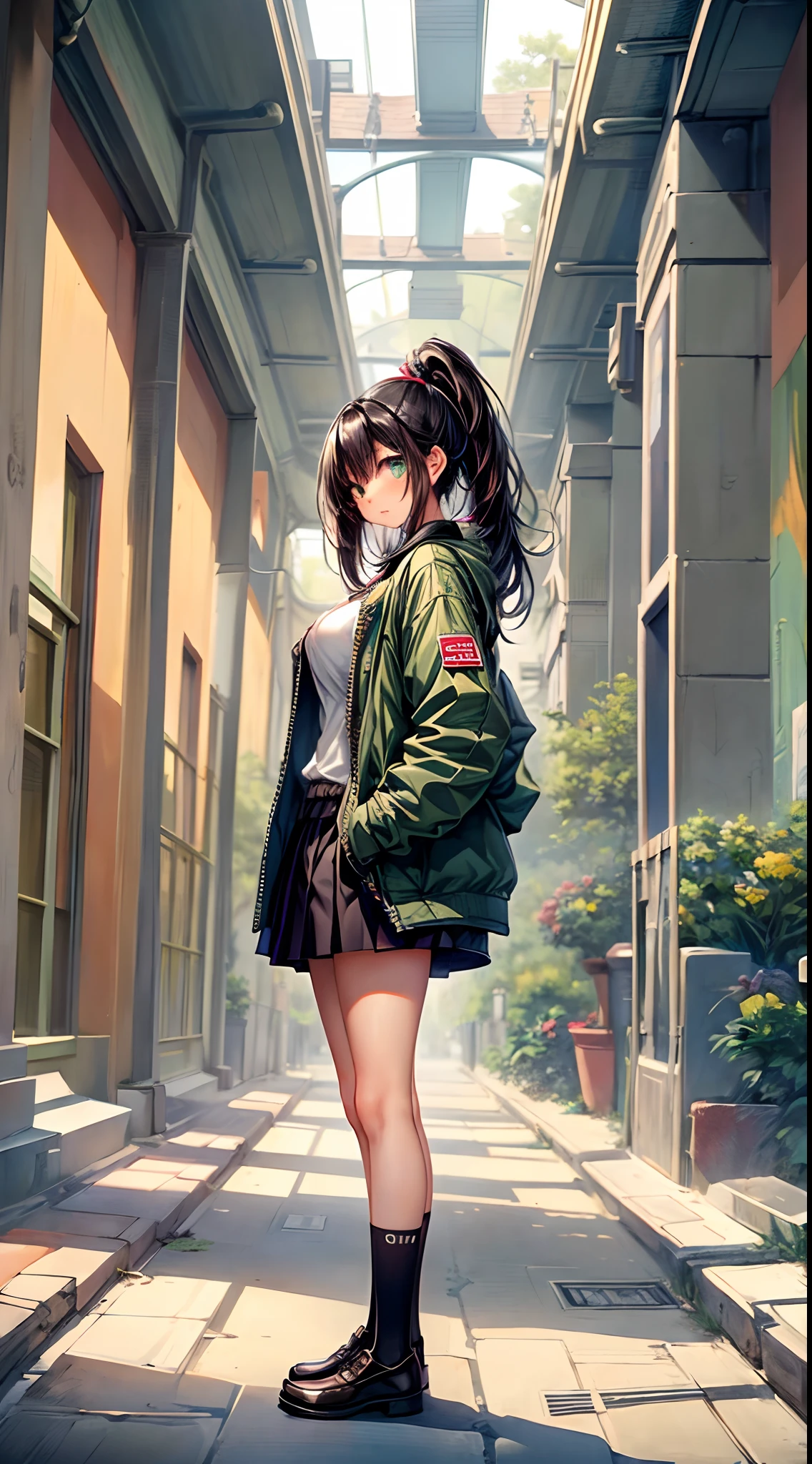 /(pathway in  a park/), (masterpiece, best quality:1.4), 1girl, solo, ite, (an extremely beautiful and delicate), green eyes,  long black hair, medium hair, hair between eyes, ponytail, medium breasts, puffy jacket,open shirt, black skirt, kneehigh socks, loafers, indoors, office, cleavage, closed_mouth, large_breasts,undersized clothes, long_hair, looking_at_viewer, navel, signature, solo, posing,thighs, tall female, on back, narrow waist, naughty face, flustered, surprised,(masterpiece, best quality:1.4),high quality, highly detailed,detailed,perfect,standing,leaning over,from the side