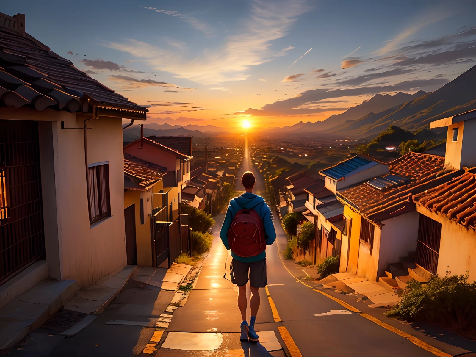 Caminho com por do sol, com idoso lendo um livro no fundo, imagem em modo paisagem