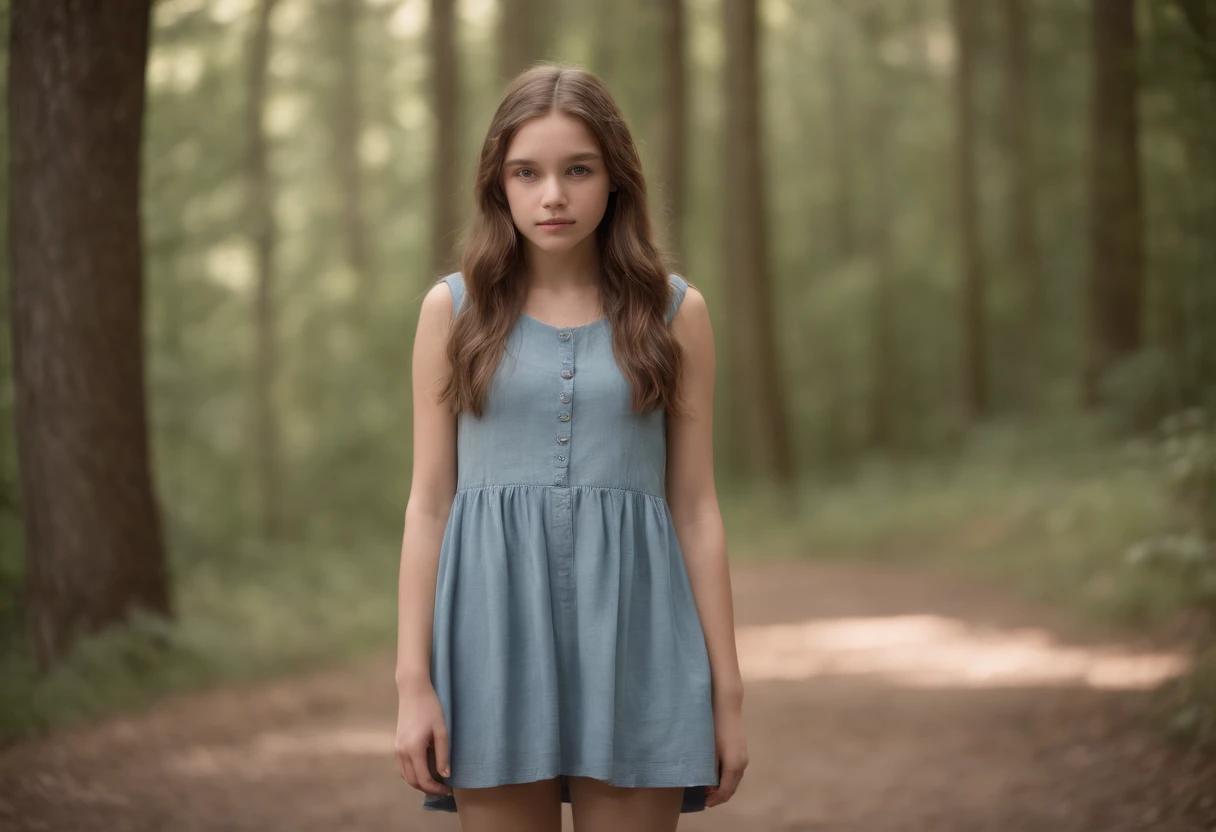 (9 year old girl) (long dress, old dress, green dress) (slender body) (thin body), (black hair) (blue eyes) (white and very light skin) thin hips, thin thighs, (serious and calm) full body, western face, thin nose, shy girl. (black hair, braided hair, long braid)((Location: garden))