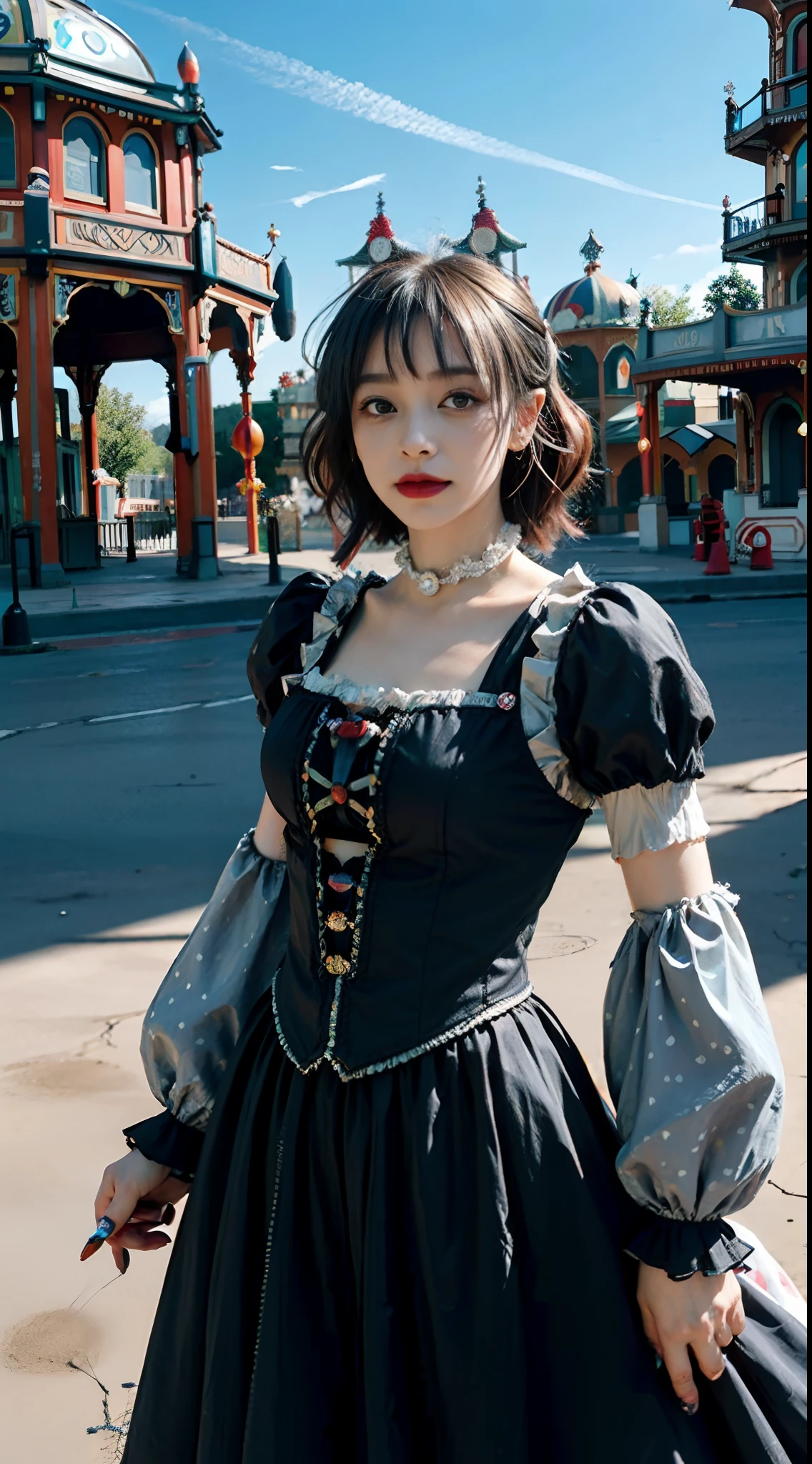 (8k, RAW photo, best quality, mastery:1.2), (realistic, photo-realistic:1.37), (aegyo sal:1), ((extreme closeup shot:1.4)), malicious clown with orange hair and black hat taking a selfie, goth clown girl, creepy clown girl, pauline hanson as a clown, wearing bizarre clown makeup, cutecore clowncore, wearing accurate clown makeup, clown makeup, wearing clown makeup, y 2 k cutecore clowncore, clown girl, intricate clown makeup, profile image, beautiful cowboy witch, sunlight, photon mapping, radiosity, physically-based rendering , cosplay, grey eyes, ((victorian age amusement park in background:1.4)), water, sexy, looking at viewer, 8k high res, 8k, CG wallpaper, Realistis, crisp background, exaggerated breasts, full body lesbian