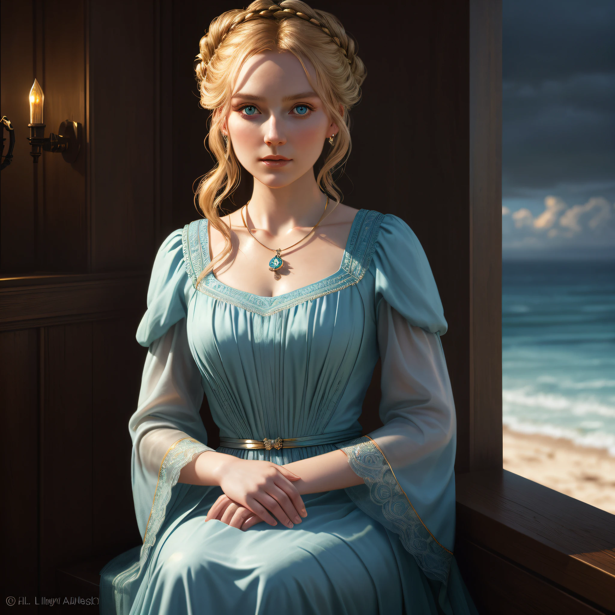 20 years old lady, chimamanda skin, detailed beautiful woman, golden hair in a loose bun, medium, wavy, hair, detaiiled perfect ocean blue eyes, delicate symmetric realistic and beautiful face, (sunny seaside background), regency lady simple dress, no necklace, full body, masterpiece, fine detail, rich colors, dramatic lighting, extremely detailed, cinematic lighting hyperdetailed painting, luminism, Bar lighting, complex, 4k resolution concept art portrait by Greg Rutkowski, Artgerm, WLOP, Alphonse Mucha, little fusion pojatti realistic goth: a stunning realistic photograph