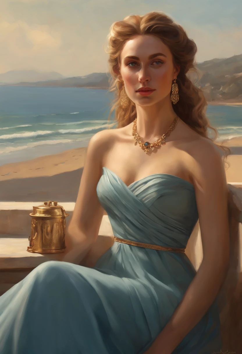 chimamanda skin, detailed beautiful woman, golden hair, medium, wavy, windy hair in a loose bun, detaiiled perfect dark blue eyes, delicate symmetric realistic and beautiful face, (sunny seaside background), regency lady dress, fairy, full body, masterpiece, fine detail, rich colors, dramatic lighting, extremely detailed, cinematic lighting hyperdetailed painting, luminism, Bar lighting, complex, 4k resolution concept art portrait by Greg Rutkowski, Artgerm, WLOP, Alphonse Mucha, little fusion pojatti realistic goth: a stunning realistic photograph 20 years