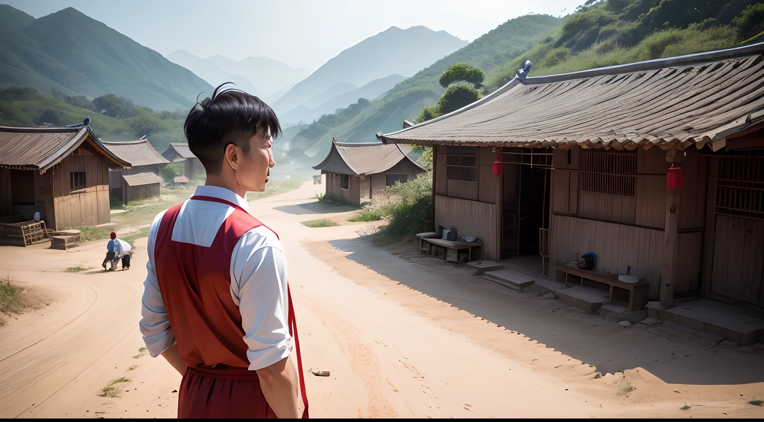 Chinese man talking to leaders of a small village, during a dry season