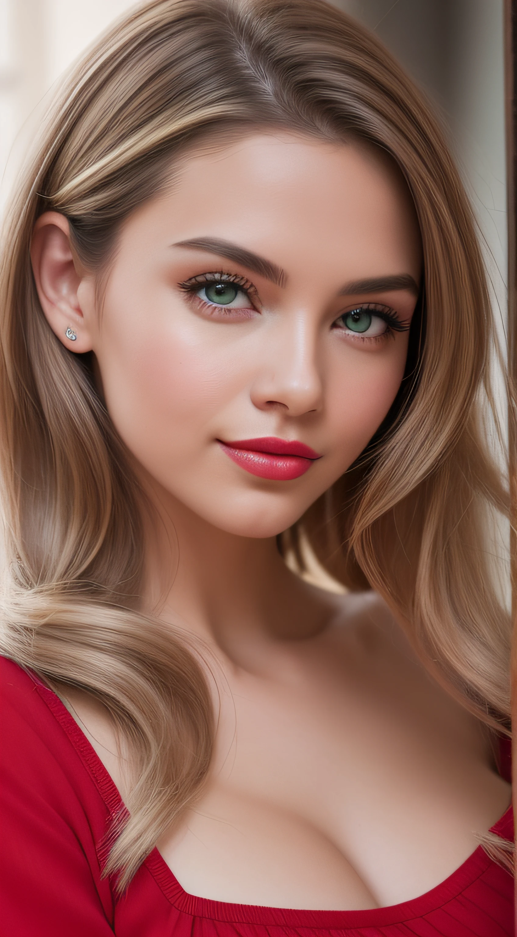 A young and beautiful woman, coiffed blonde hair，Gently drop to your shoulders in waves, Medium Tall, Big green eyes, with fair skin, She was in her pajamas, She was in bed, Do hair care before bedtime, The environment is illuminated by warm and pleasant lights，Make your hair sparkle, His face was naturally serene, Lips with red lipstick, 8K texture, highly  detailed, realisticlying, Soft cinematic light, hdr, sharp fokus, tmasterpiece, Fotor is realistic, Award-winning photography, a Canon EOS R5, 35 mm