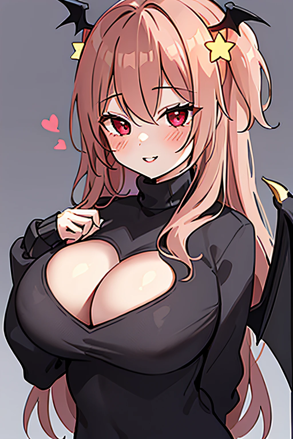 annytf, 1girl, portrait, upper body, bat wings, hands dovering chest, black sweater, blush, red eyes, red hair, cleavage cutout, clothing cutout, vampire girl, hair ornament, heart cutout, long hair, long sleeves, looking at viewer, big breasts, one side up, parted lips, smile, solo, star \(symbol\), star hair ornament, turtleneck, turtleneck sweater, virtual youtuber,