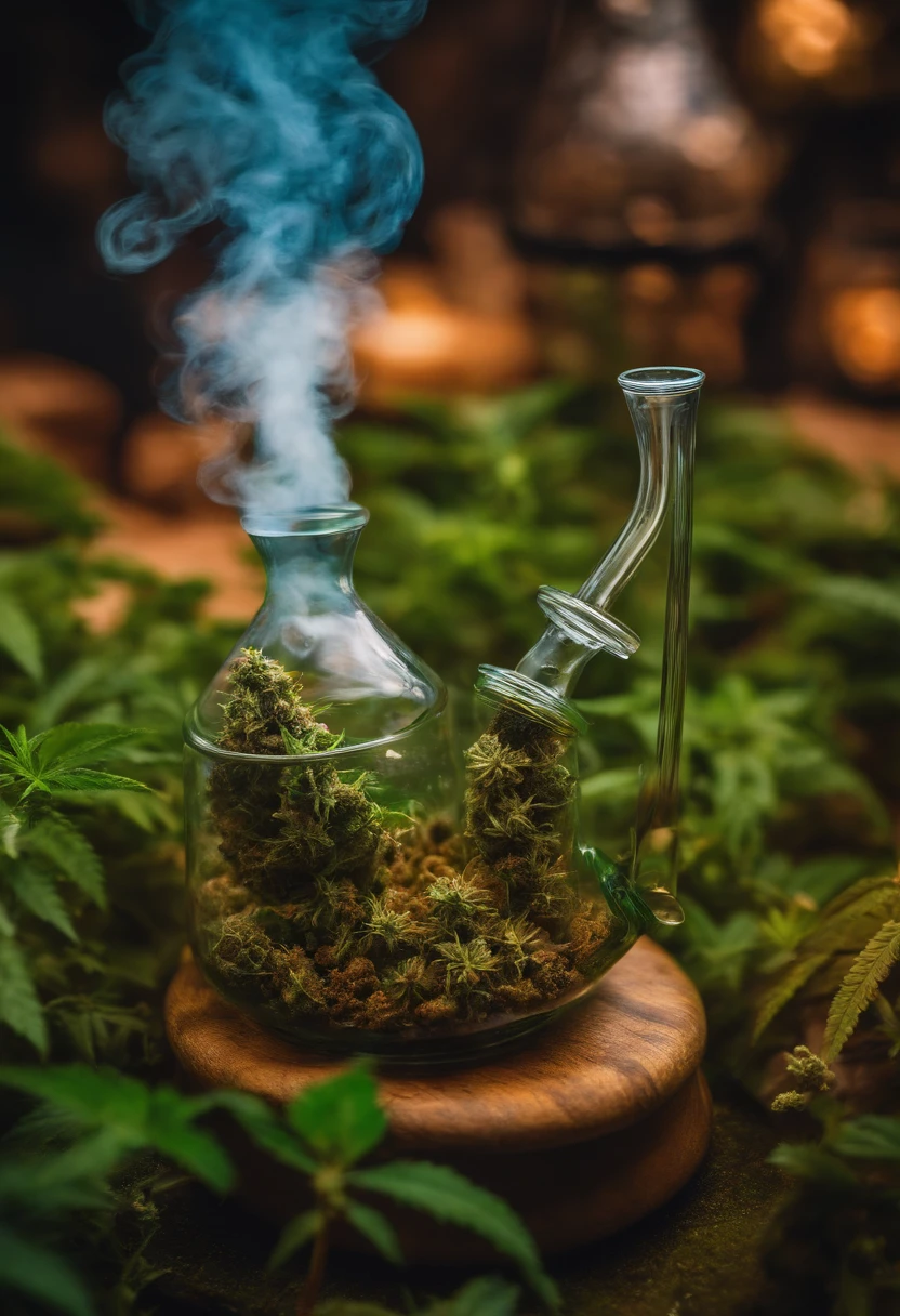 a magical waterpipe bong surrounded with cannabis buds in a smoking environment with rolling papers laying around