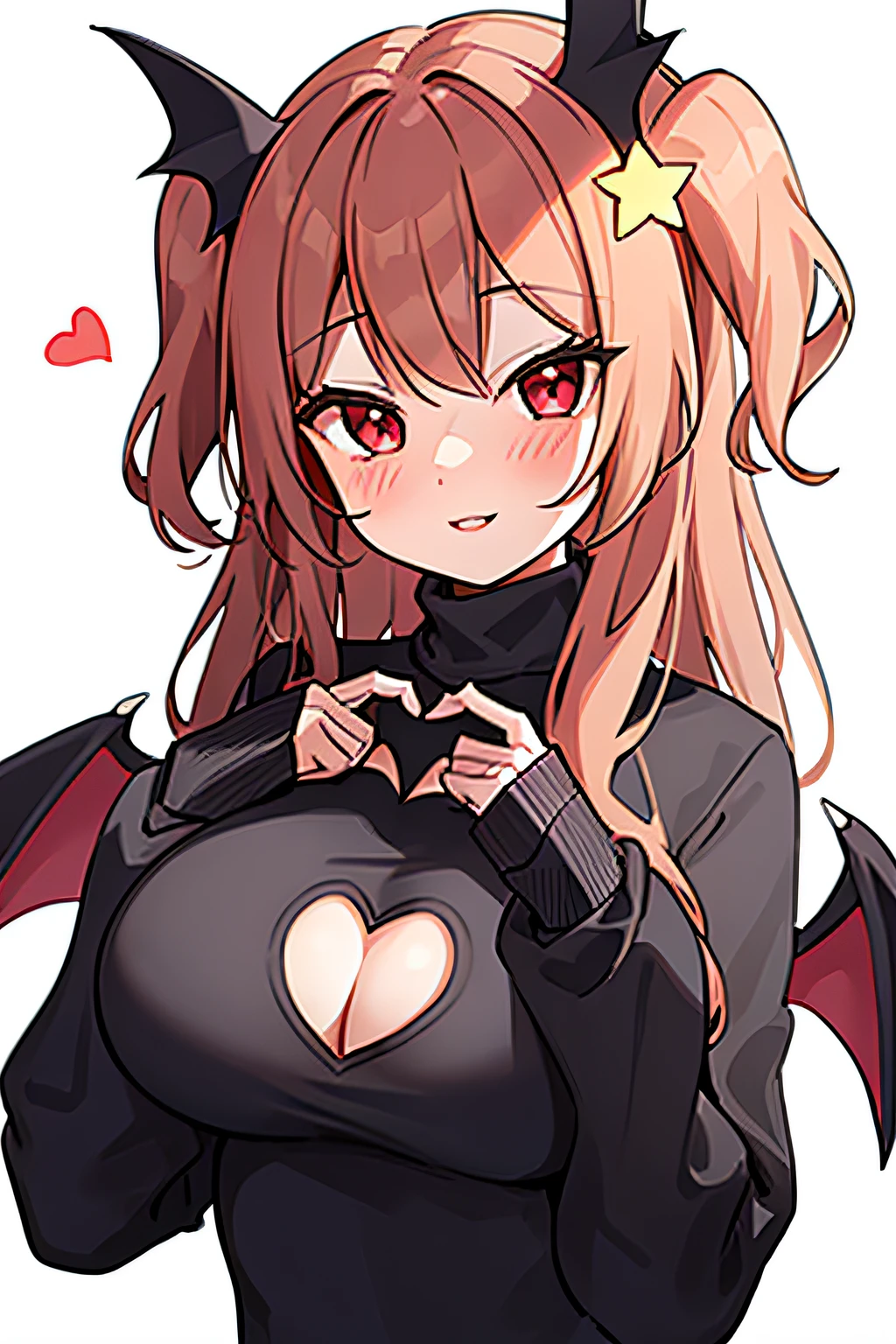 annytf, 1girl, portrait, upper body, bat wings, hands dovering chest, black sweater, blush, red eyes, red hair, cleavage cutout, clothing cutout, vampire girl, hair ornament, heart cutout, long hair, long sleeves, looking at viewer, big breasts, one side up, parted lips, smile, solo, star \(symbol\), star hair ornament, turtleneck, turtleneck sweater, virtual youtuber,