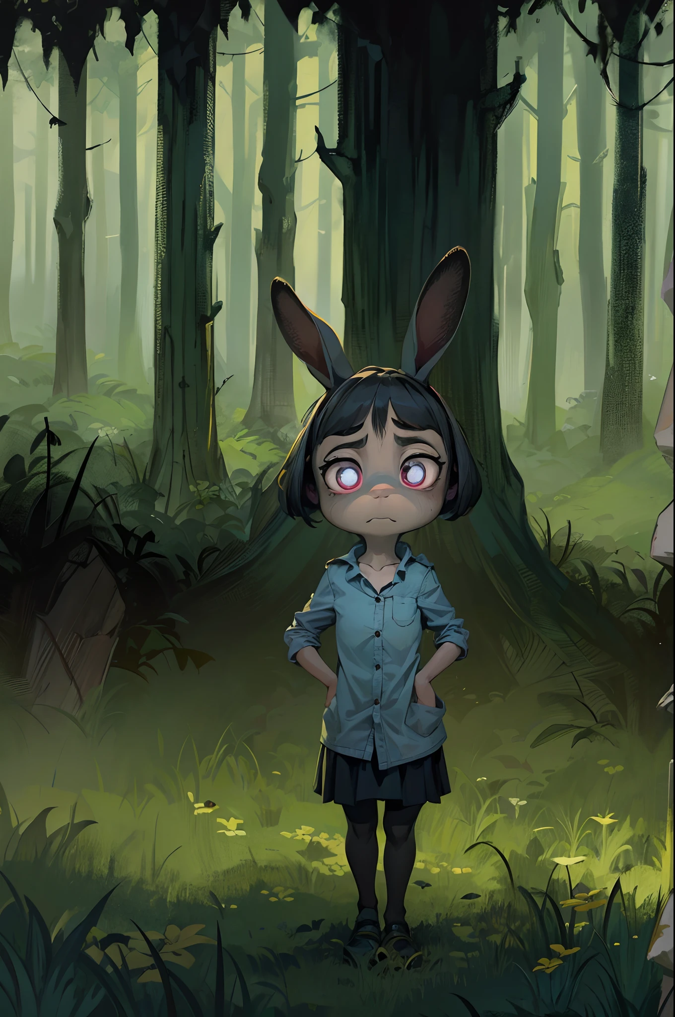 ((fear)),(solo), JudyHoppsis depicted in an eerie manner as she stands wide-eyed and trembling in a dim and flickering light. The background setting of the image is a dense and foreboding forest, adding to the sense of fear. As JudyHopps tries to navigate through the darkness, eerie whispers echo through the air, intensifying the feeling of unease.