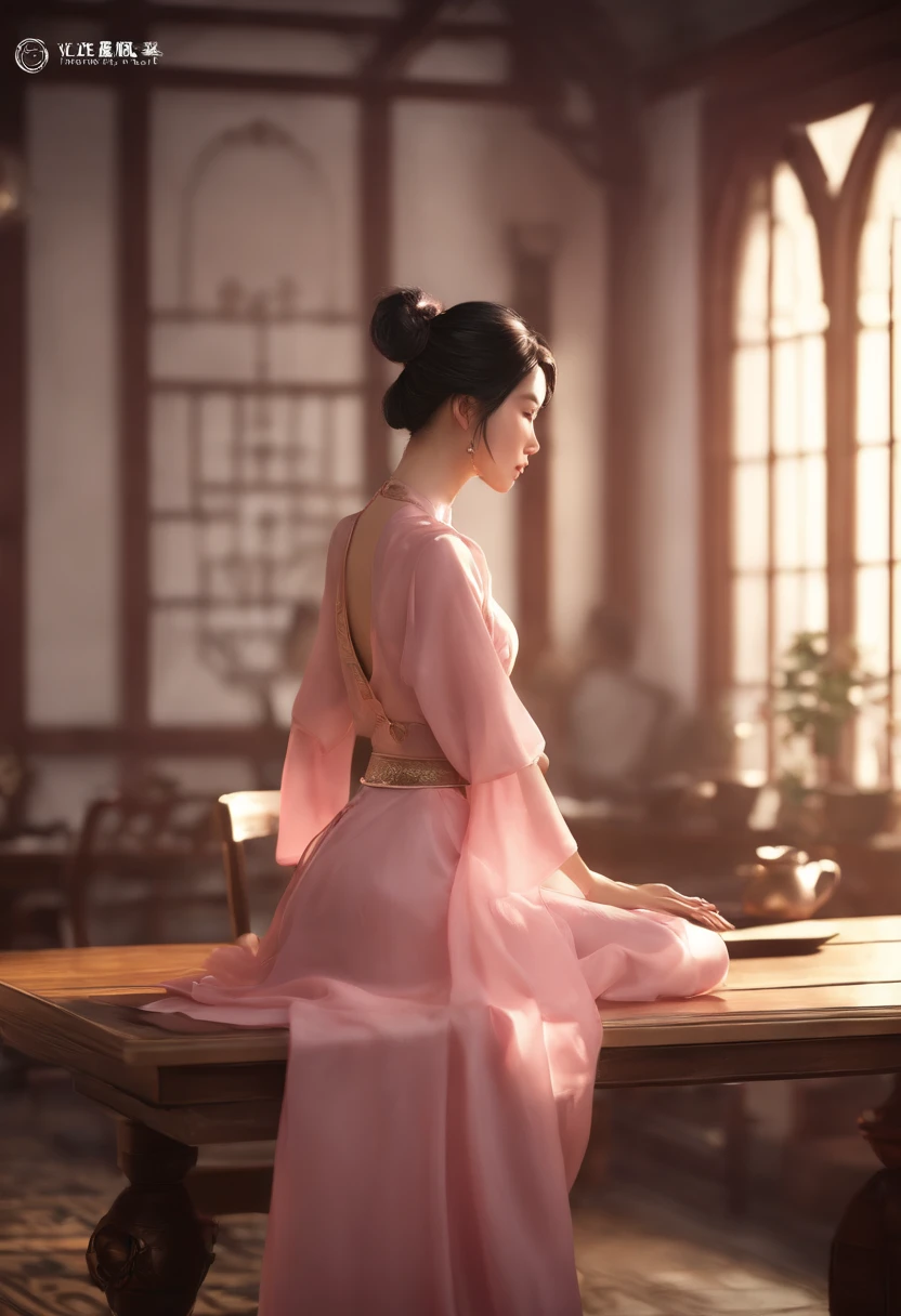 sexy woman in pink dress posing on a table with a laptop, by Lü Ji, 2. 5 d cgi fantasy, xianxia, sexy look, korean mmo, cgsociety 9, 3 d realistic, realistic 3 d style, female young hot character, 3d female character model, Donghua female Zhu Zhuqing character,  woman fullbody, realistic, xianxia fantasy, manhwa