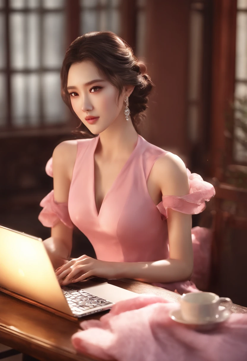 sexy woman in pink dress posing on a table with a laptop, by Lü Ji, 2. 5 d cgi fantasy, xianxia, sexy look, korean mmo, cgsociety 9, 3 d realistic, realistic 3 d style, female young hot character, 3d female character model, Donghua female Zhu Zhuqing character,  woman fullbody, realistic, xianxia fantasy, manhwa
