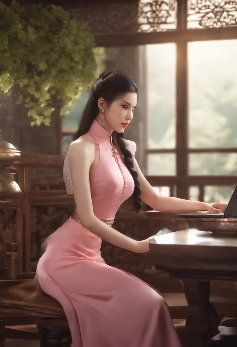 sexy woman in pink dress posing on a table with a laptop, by Lü Ji, 2. 5 d cgi fantasy, xianxia, sexy look, korean mmo, cgsociety 9, 3 d realistic, realistic 3 d style, female young hot character, 3d female character model, Donghua female Zhu Zhuqing character,  woman fullbody, realistic, xianxia fantasy, manhwa