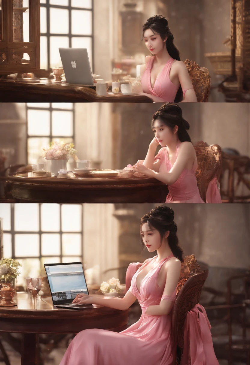 sexy woman in pink dress posing on a table with a laptop, by Lü Ji, 2. 5 d cgi fantasy, xianxia, sexy look, korean mmo, cgsociety 9, 3 d realistic, realistic 3 d style, female young hot character, 3d female character model, Donghua female Zhu Zhuqing character,  woman fullbody, realistic, xianxia fantasy, manhwa