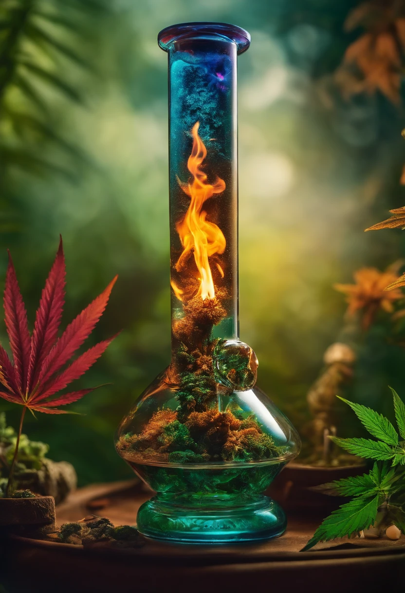 a magical waterpipe bong with waterin the bottle and a glowing fire in the top surrounded with cannabis buds in a smoking environment with rolling papers laying around