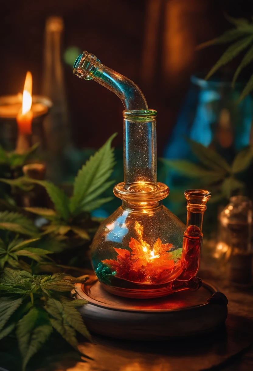 a magical waterpipe bong with waterin the bottle and a glowing fire in the top surrounded with cannabis buds in a smoking environment with rolling papers laying around