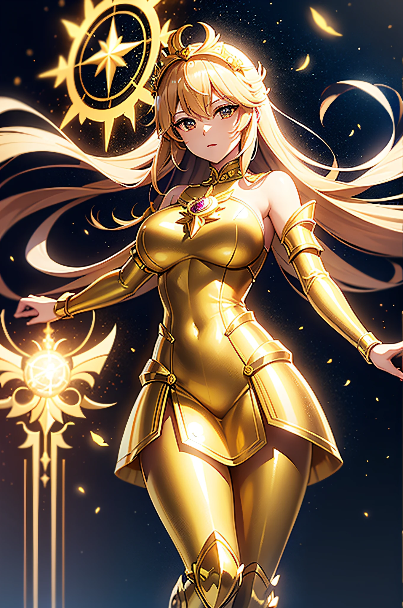 Highest image quality，Outstanding details，Ultra-high resolution，4K image, assembly, best quality, masterpiece, movie lighting ，Sexy，Huge breasts，Cleavage，action，In battle，light beam from hand，Golden lightning surrounds，Long green hair，Green eyes，Lipstick，Gold Armor，Amot hardware has cracks，Sweat，anger