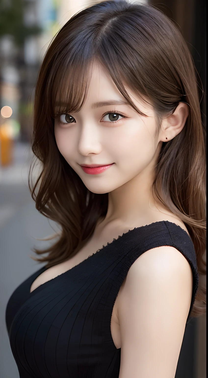 masutepiece, Best Quality, Illustration, Ultra-detailed, finely detail, hight resolution, 8K Wallpaper, Perfect dynamic composition, Beautiful detailed eyes,Medium wavy hair,small tits、Natural Color Lip, Bold  poses,Smile,Ginza、20 years girl、Cute、Sexy shot looking at camera、Slender body type、Fluffy hair in the wind、Gravure Model Pose