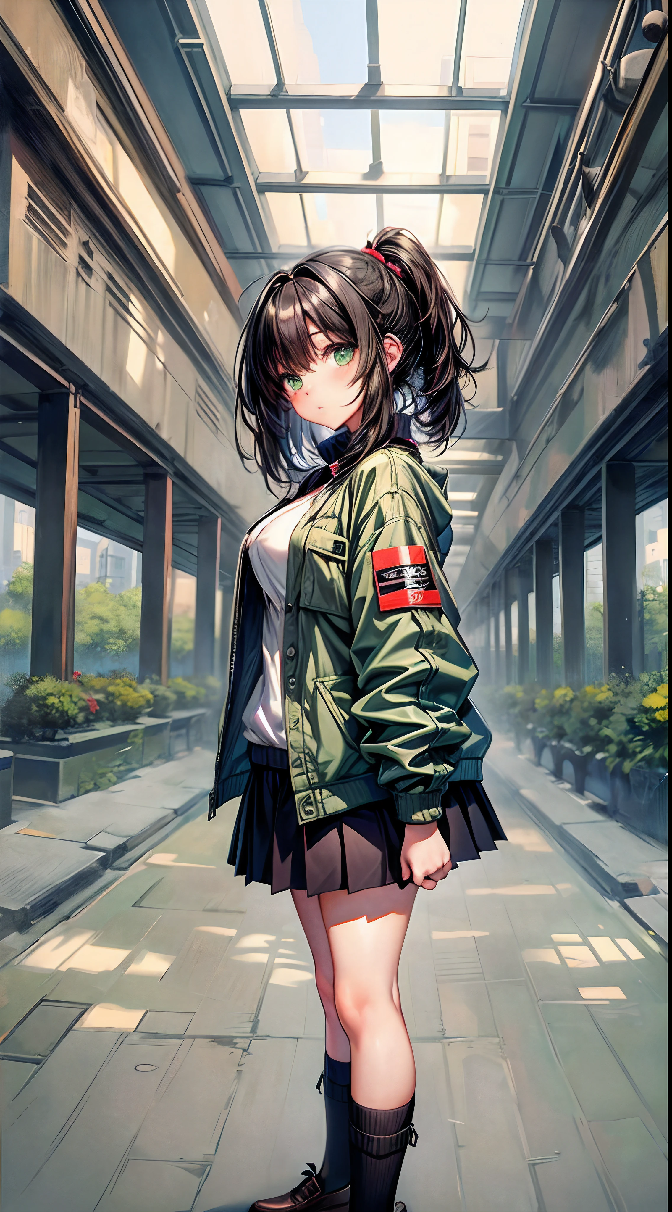 /(pathway in  a park/), (masterpiece, best quality:1.4), 1girl, solo, petite, (an extremely beautiful and delicate), green eyes,  long black hair, medium hair, hair between eyes, ponytail, medium breasts, puffy jacket,open shirt, black skirt, kneehigh socks, loafers, indoors, office, cleavage, closed_mouth, large_breasts,undersized clothes, long_hair, looking_at_viewer, navel, signature, solo, posing,thighs, tall female, on back, narrow waist, naughty face, flustered, surprised,(masterpiece, best quality:1.4),high quality, highly detailed,detailed,perfect,standing,leaning over,from the side