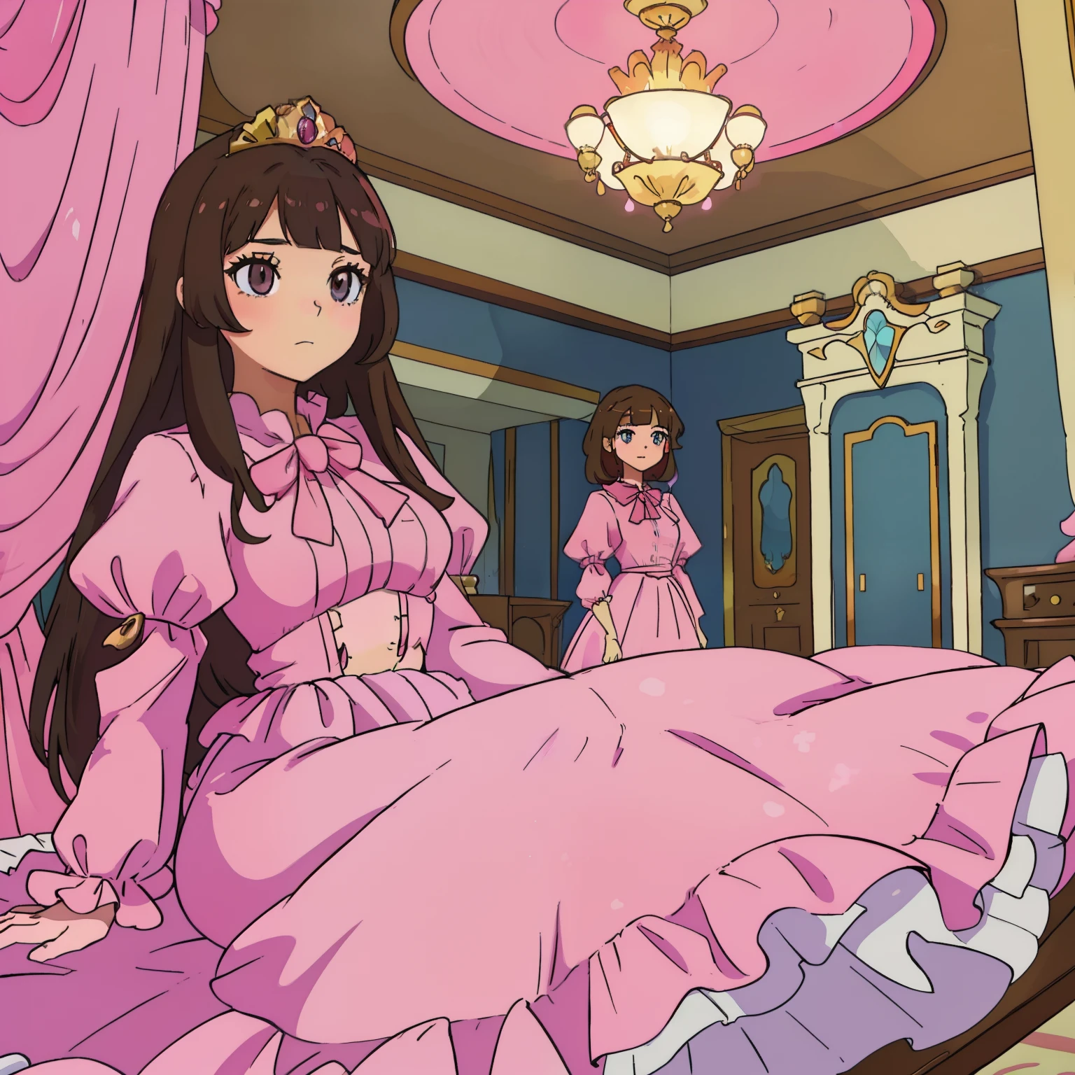 Anime of a snobby brunette princess in pink dress in her luxurious classic room in the Palace.