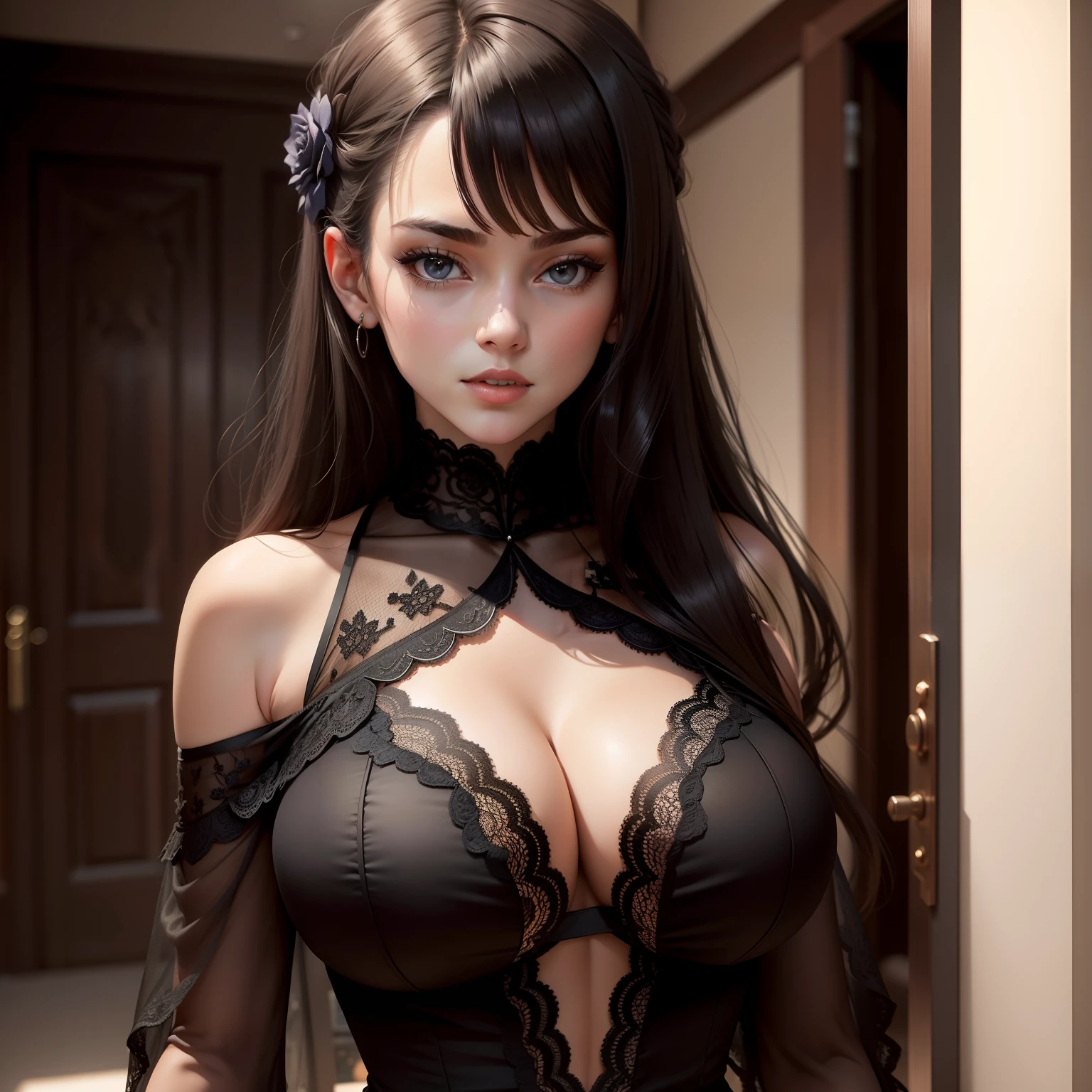 A woman wears a black lace dress,Bigchest