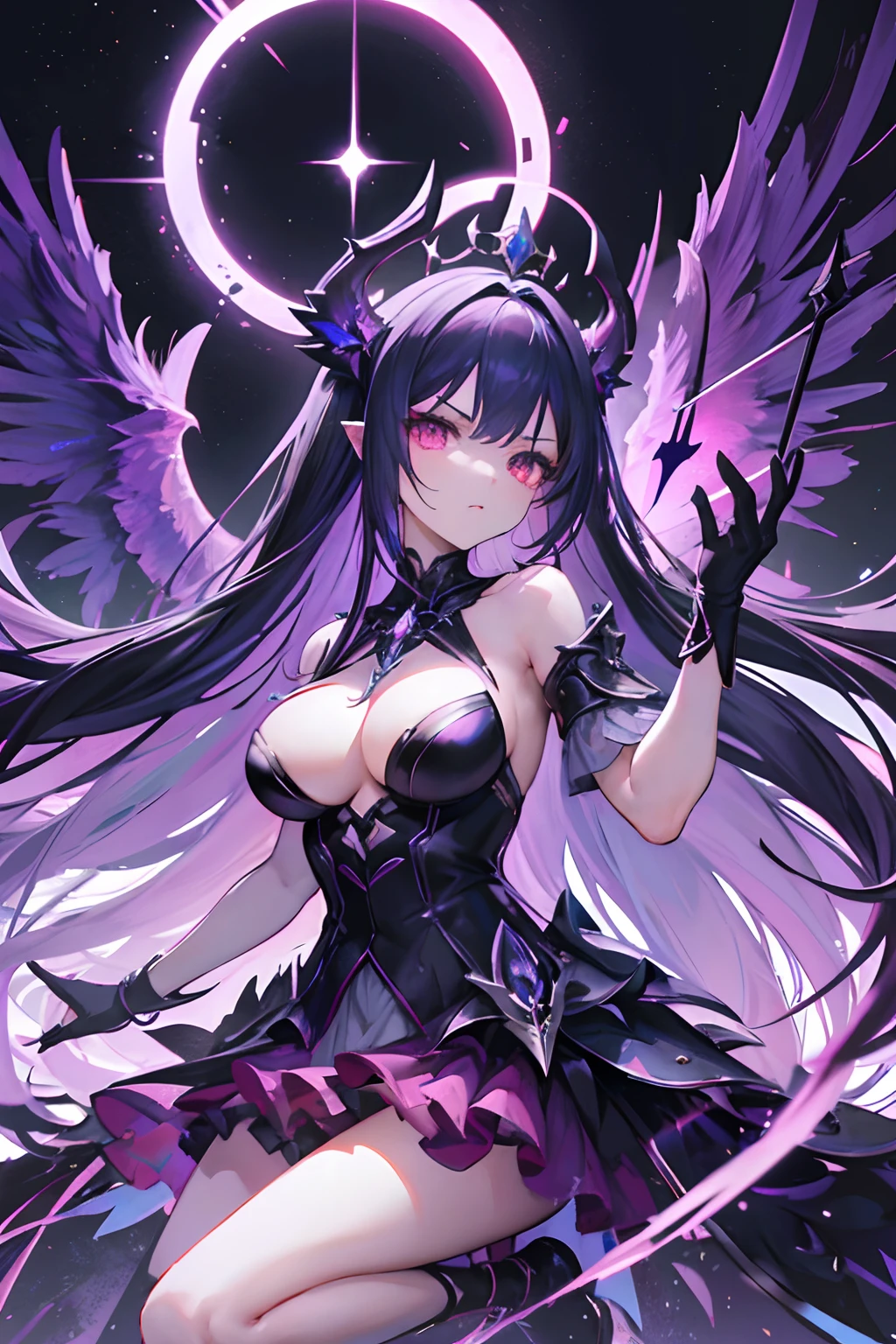 Gewitter, finstere Nacht, Angry young goddess of evil in a sparkling dark red and purple fantasy demon dress with wings and horns floats in the storm, In her hand she holds a black spear, ihre Augen leuchten dunkel lila, dark purple huge flashing wings, grelle Flammen und Funken, Anime Goddess of Evil, Unreal-Engine-Rendering + a goddess, 3-D-Rendercharakter Kunst 8 K, render of a cute 3d anime girl, 3D-Unreal-Engine, Anime sehr detailliert, 8k hochwertige detaillierte Kunst, Goddess of Thunder. Extrem hohe Detailgenauigkeit, photorealistic anime girl render, Evil Goddess