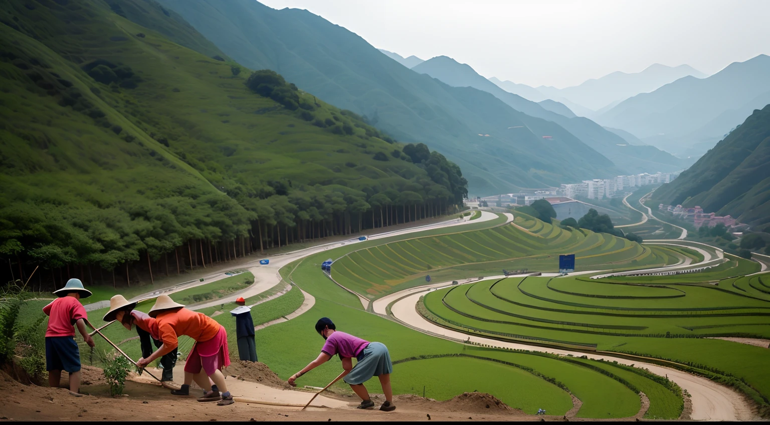 villagers of a small village in the hills of China, Planting trees, in dry season