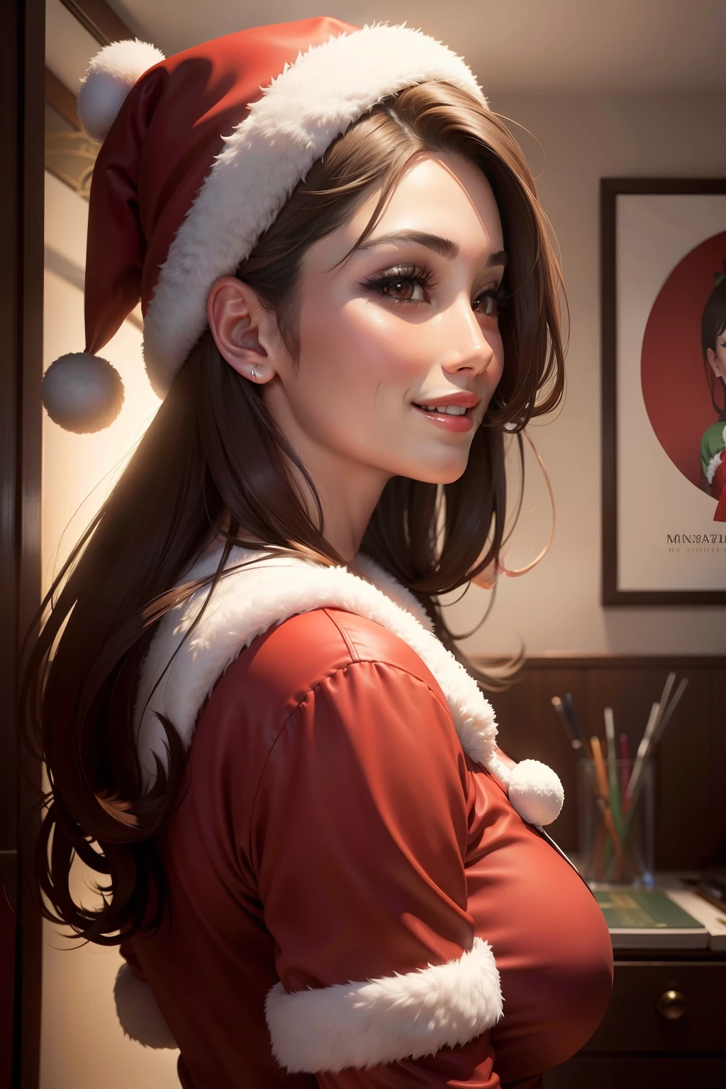 lucy pinder, portrait, smiling, profile, christmas outfit, asian woman, asian makeup