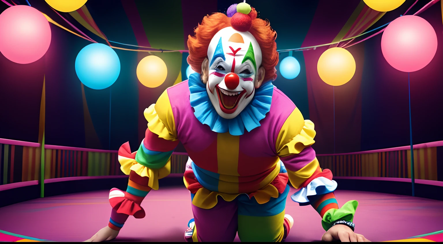 (funny clown,entertaining,amusing,joyful),(juggling balls,multi-colored,bouncing),(make people laugh,silly but not scary),(bright colors,vibrant),(realistic,fine detail),(comedy,cheerful),(circus theme), (playful expression),(dynamic movement),(professional lighting),(upbeat atmosphere)