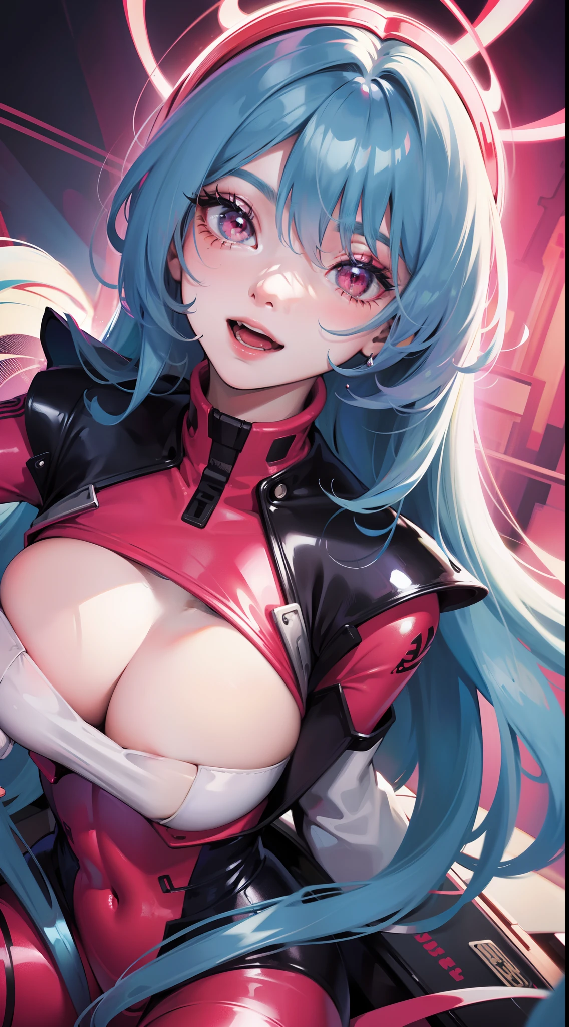 girl, long blue hair, red eyes, smile, opened mouth, Pink Plug Suit, Masterpiece, high detail