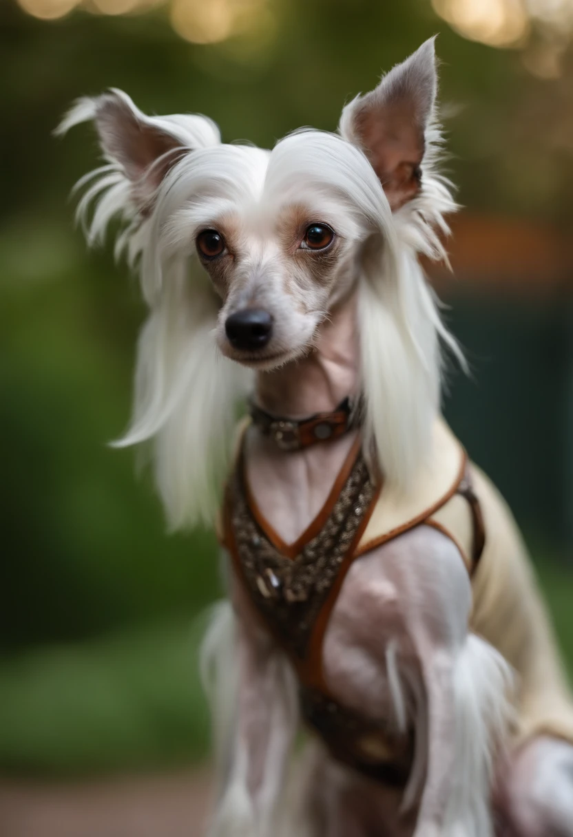 manages a perfect Chinese Crested Dog, within the standard and that it is half dog and half artificial intelligence, As if it were a dog cyborg, traga bastante realidade nessa foto, sendo ultrarealista e 8k