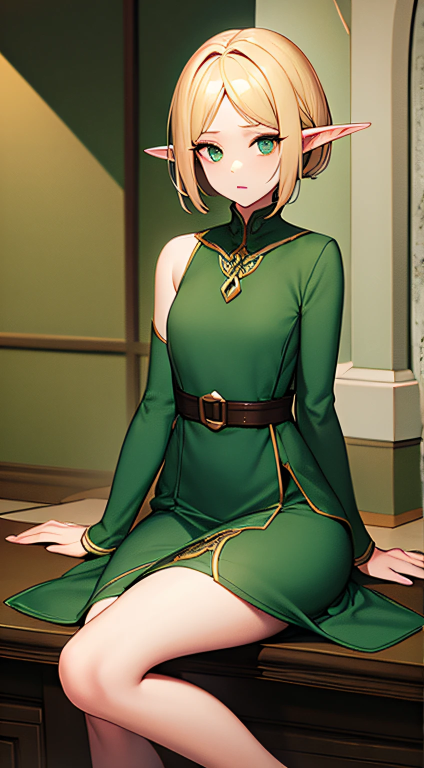 elf, 1 woman, green eyes, blond hair, short ears, sfw, all body, knee-length dress,