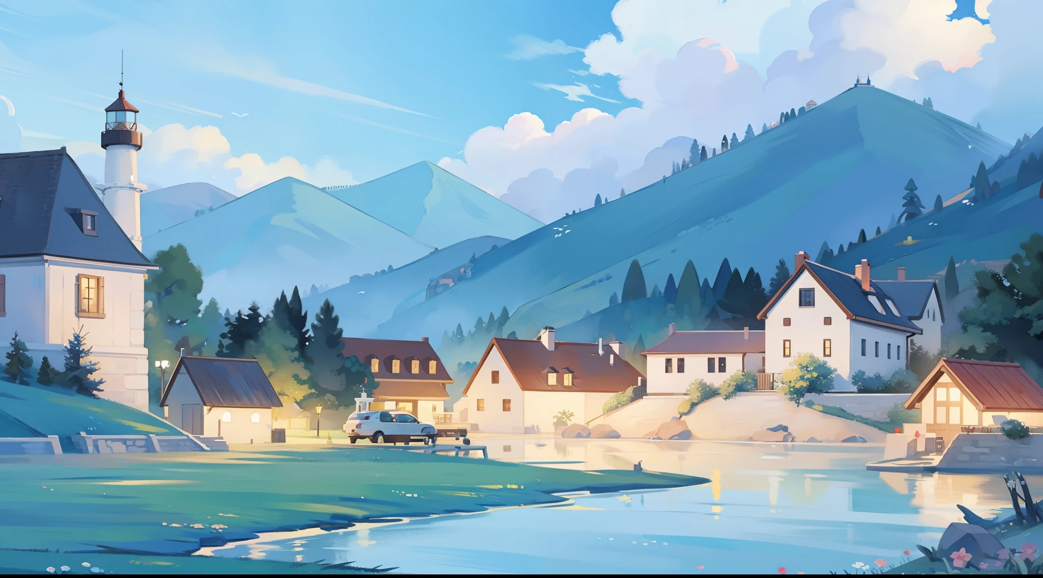 ((picture book illustration)), ocean fantasy, watercolor illustration, whimsical, twilight colors, village, houses, huge lighthouse, ((masterpiece)), highly detailed environment