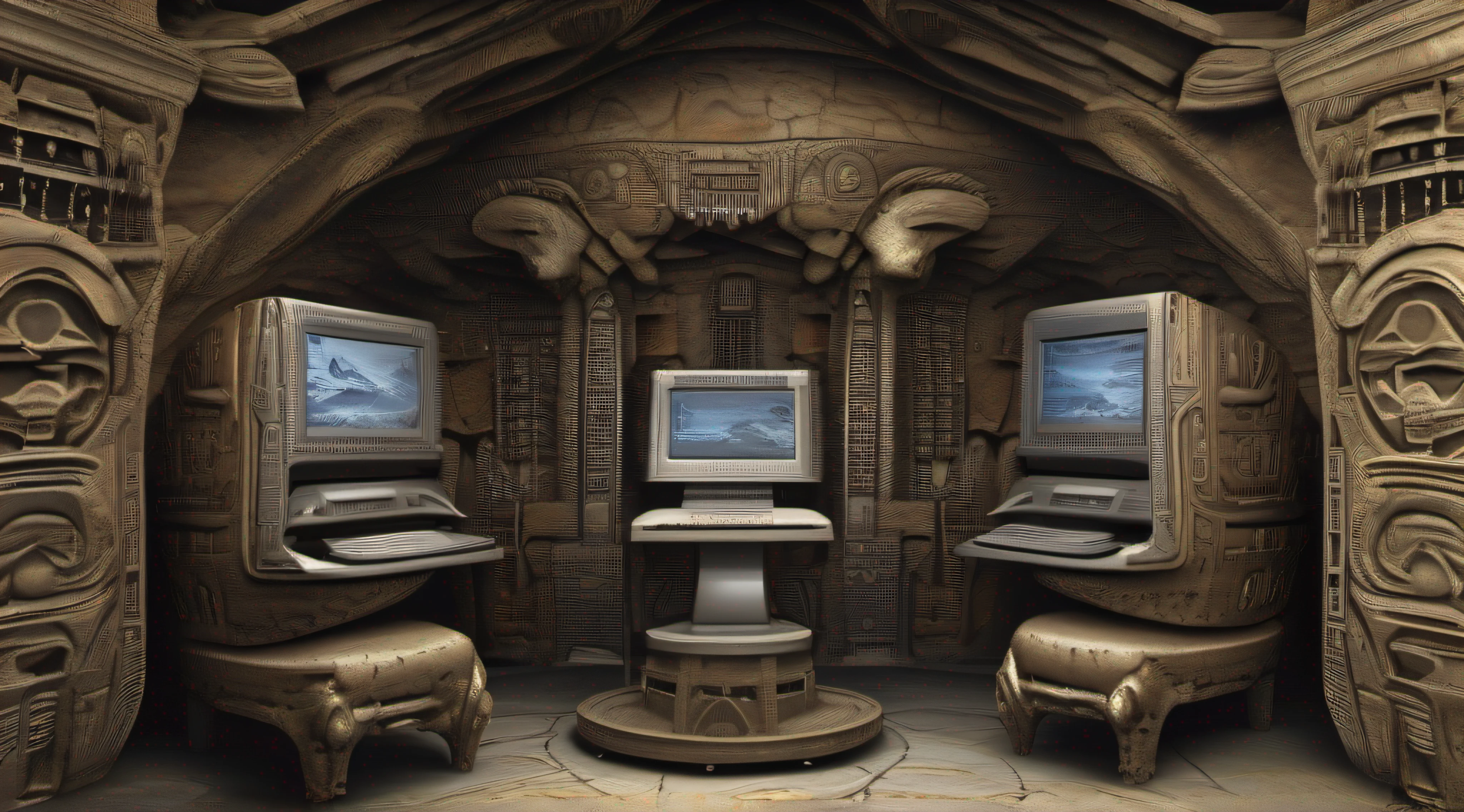 Room of a rustic computer, feito de pedra, highly technological but with a Neanderthal look, imponente, impressionante, lembra arquitetura MAYA, ASTEC and EGYPTIAN, misturada com o estilo do H.G Giger.