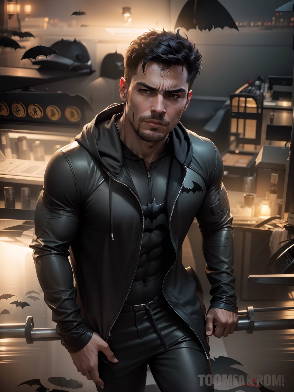 remove the hoodie ,make him batman, black costume, real face