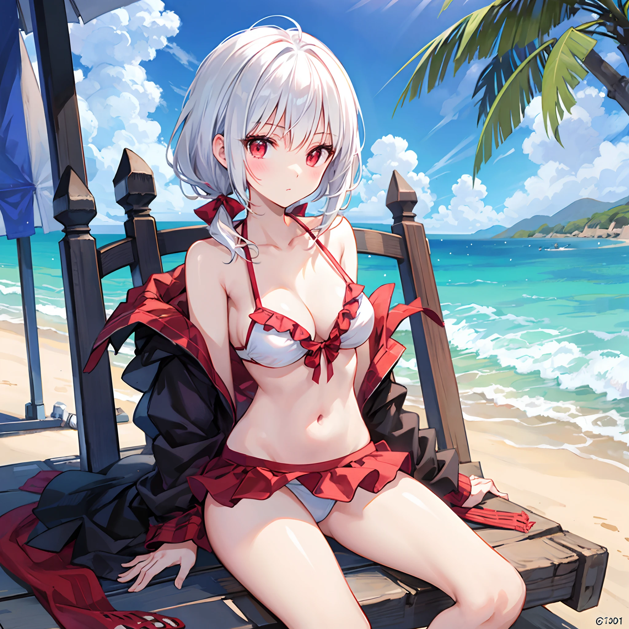 poneyTail、white hair、red eyes、Beautiful girl alone、Bikini with ruffles、gravure、sitting on、the beach