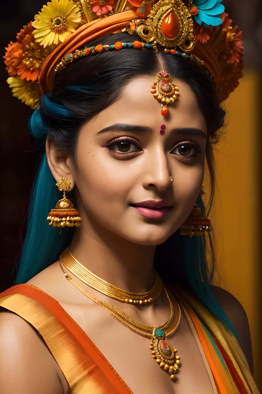 Looks like Anushka Shetty, a close up of a woman in a colorful dress with a flower in her hair, extremely gorgeous woman, matchless beauty, queen, very beautiful enga style, with colourful intricate, candid shot, traditional beauty, candid picture, orange details, wearing intricate, candid portrait photo, with kerala motifs, wearing an elegant tribal outfit, orange and turquoise, orange and teal color, * colour splash *, traditional, stunning visual,