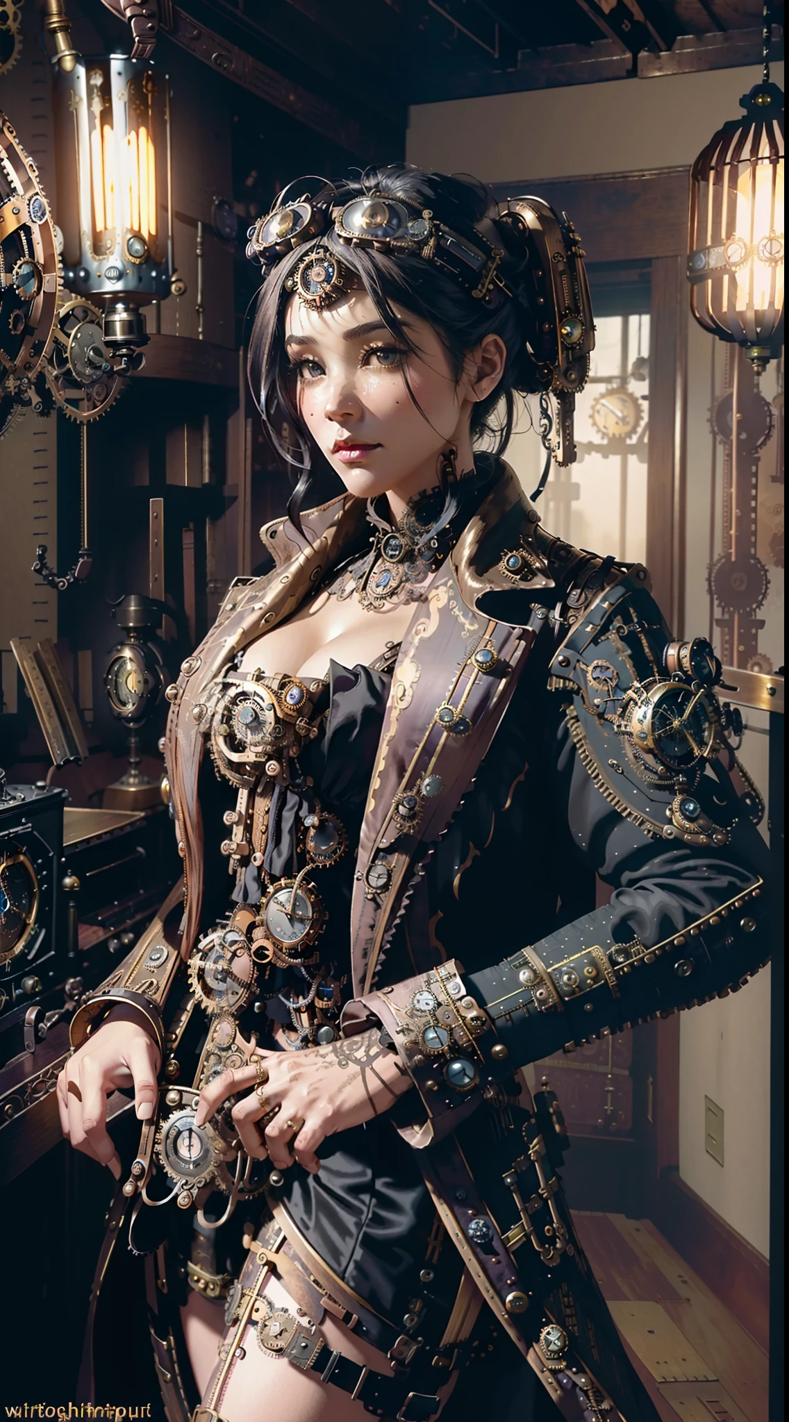 Official Art, Unity 8k wallpaper, ultra-detailed, beautiful, beautiful, ((Steampunk woman:1.4)), masterpiece, best quality, dark, atmospheric, mystical, romantic, creepy, literature, art, fashion, victorian, decoration, intricate, ironwork, lace, contemplation, emotional depth, supernatural, 1 girl, solo, hip