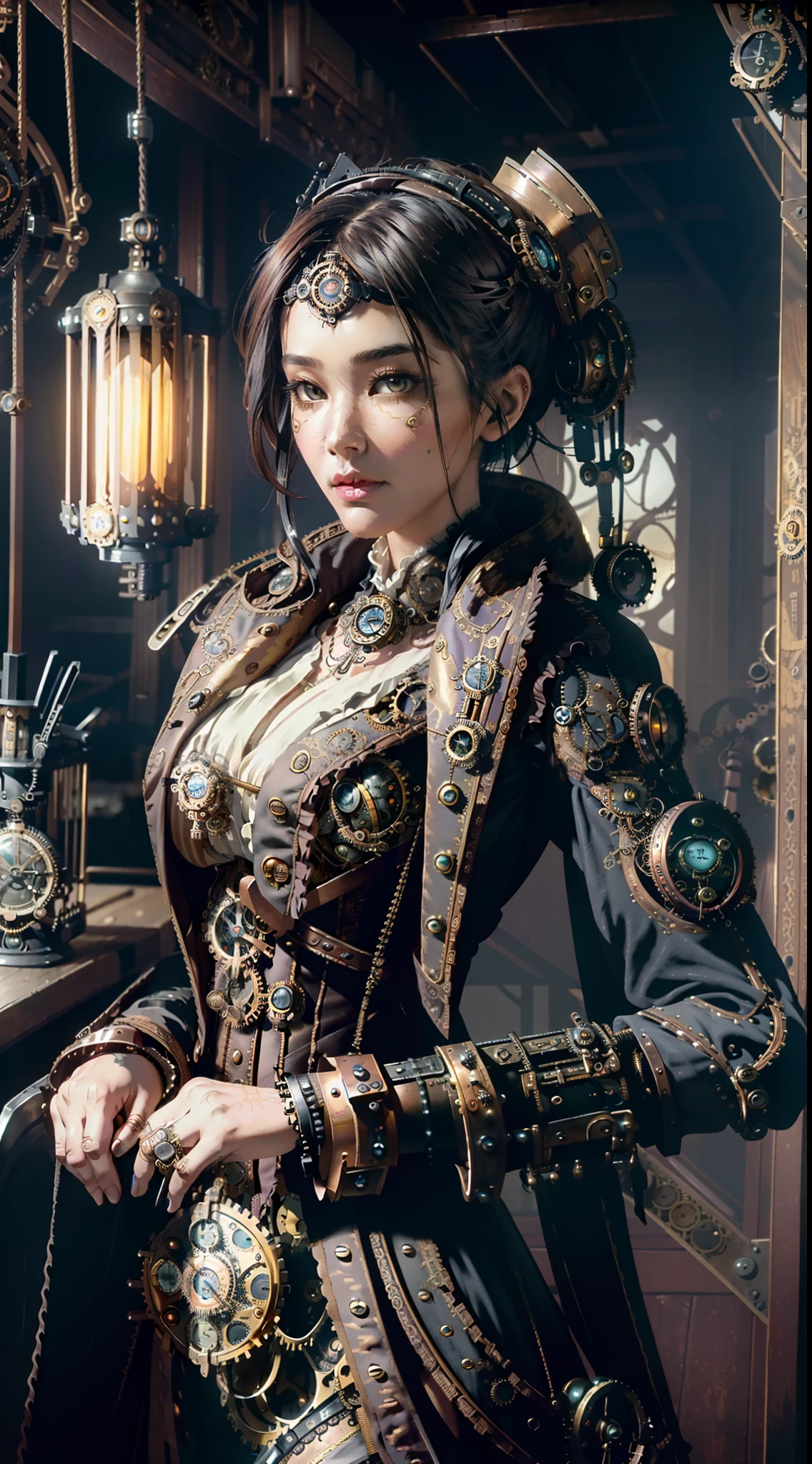 Official Art, Unity 8k wallpaper, ultra-detailed, beautiful, beautiful, ((Steampunk woman:1.4)), masterpiece, best quality, dark, atmospheric, mystical, romantic, creepy, literature, art, fashion, victorian, decoration, intricate, ironwork, lace, contemplation, emotional depth, supernatural, 1 girl, solo, hip