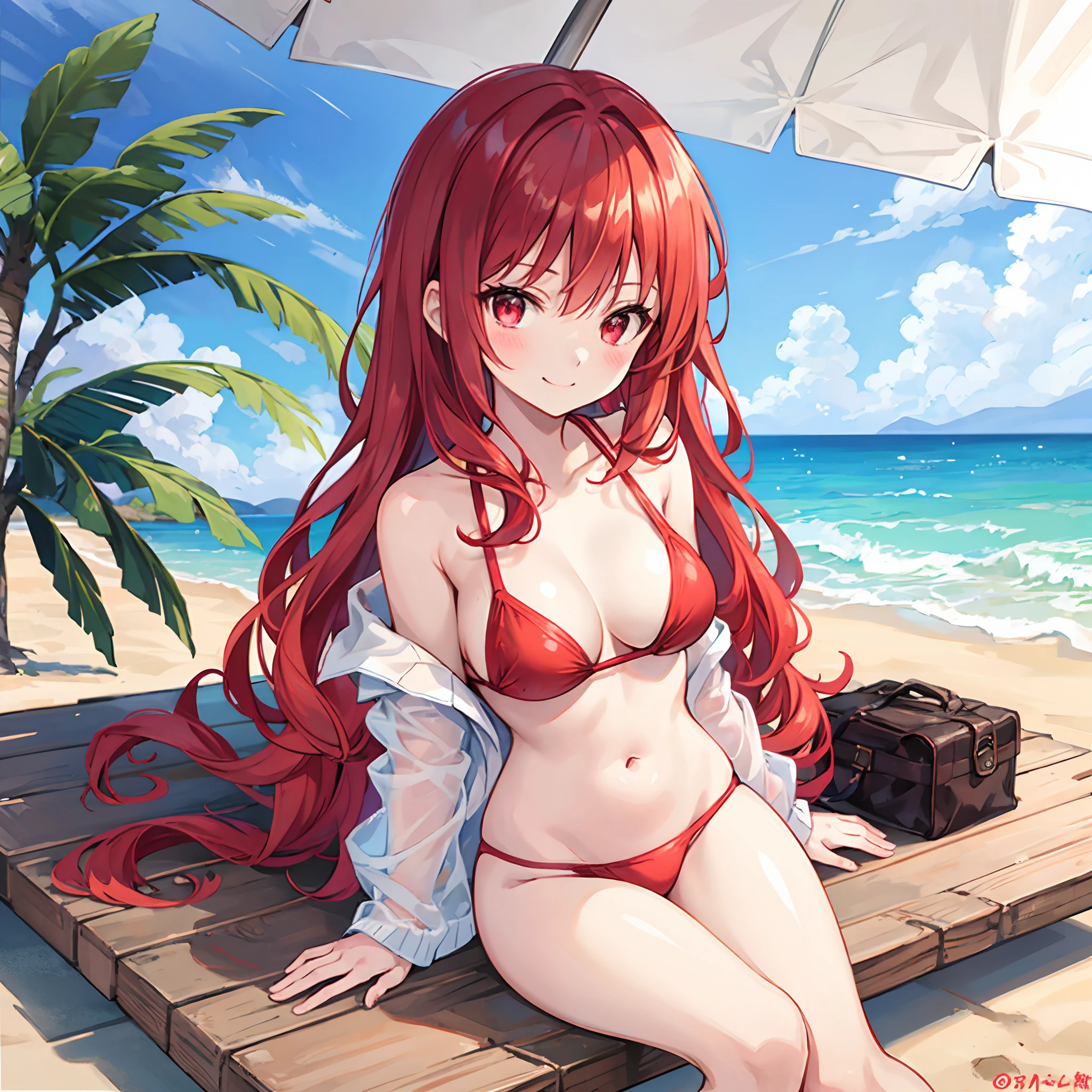Wavy red hair、red eyes、Beautiful girl alone、Red bikini、sitting on、gravure、the beach、a smile