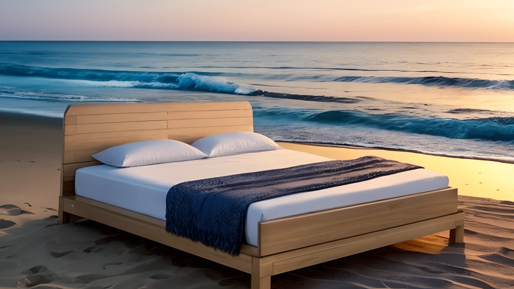Generate a high-resolution, Imagen fotorrealista con una cama convencional colocada incongruentemente en una playa tranquila al atardecer. La playa debe tener olas suaves que se encuentran con la orilla, with the sun projecting a warm, Resplandor dorado en toda la escena. The bed should look comfortable and familiar, como los que se encuentran en los dormitorios, pero se coloca en la playa de una manera que no pertenece naturalmente. The image should capture the striking fusion between the cozy atmosphere of the inner bedroom and the picturesque outdoor beach setting., evoking a sense of relaxation and awe in the face of the unusual scene.