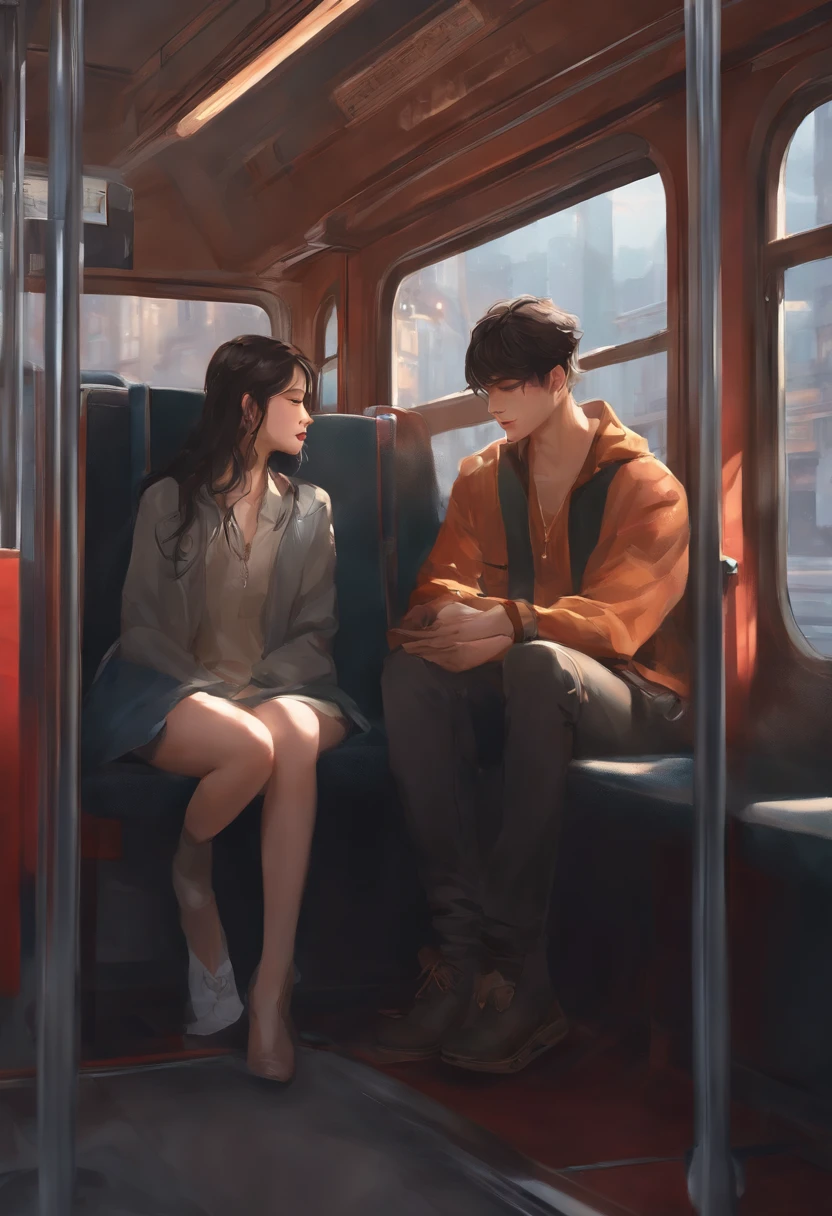anime couple sitting on a bus together in the city, by Lü Ji, wlop painting style, art of wlop, by WLOP, by Tang Di, urban fantasy romance book cover, wlop art, by An Zhengwen, cgsociety 9, by Li Di, by Yao Tingmei, artgerm and ilya kushinov, sleep with love