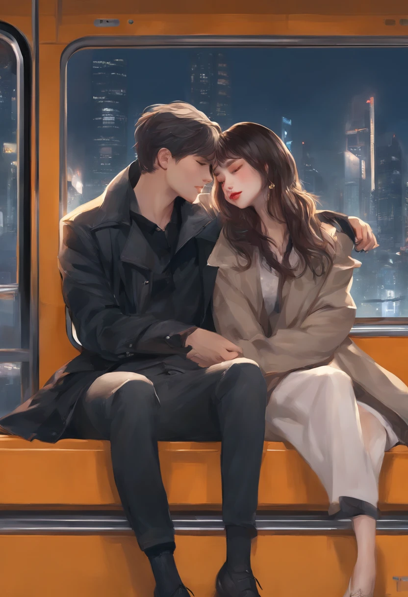 anime couple sitting on a bus together in the city, by Lü Ji, wlop painting style, art of wlop, by WLOP, by Tang Di, urban fantasy romance book cover, wlop art, by An Zhengwen, cgsociety 9, by Li Di, by Yao Tingmei, artgerm and ilya kushinov, sleep with love