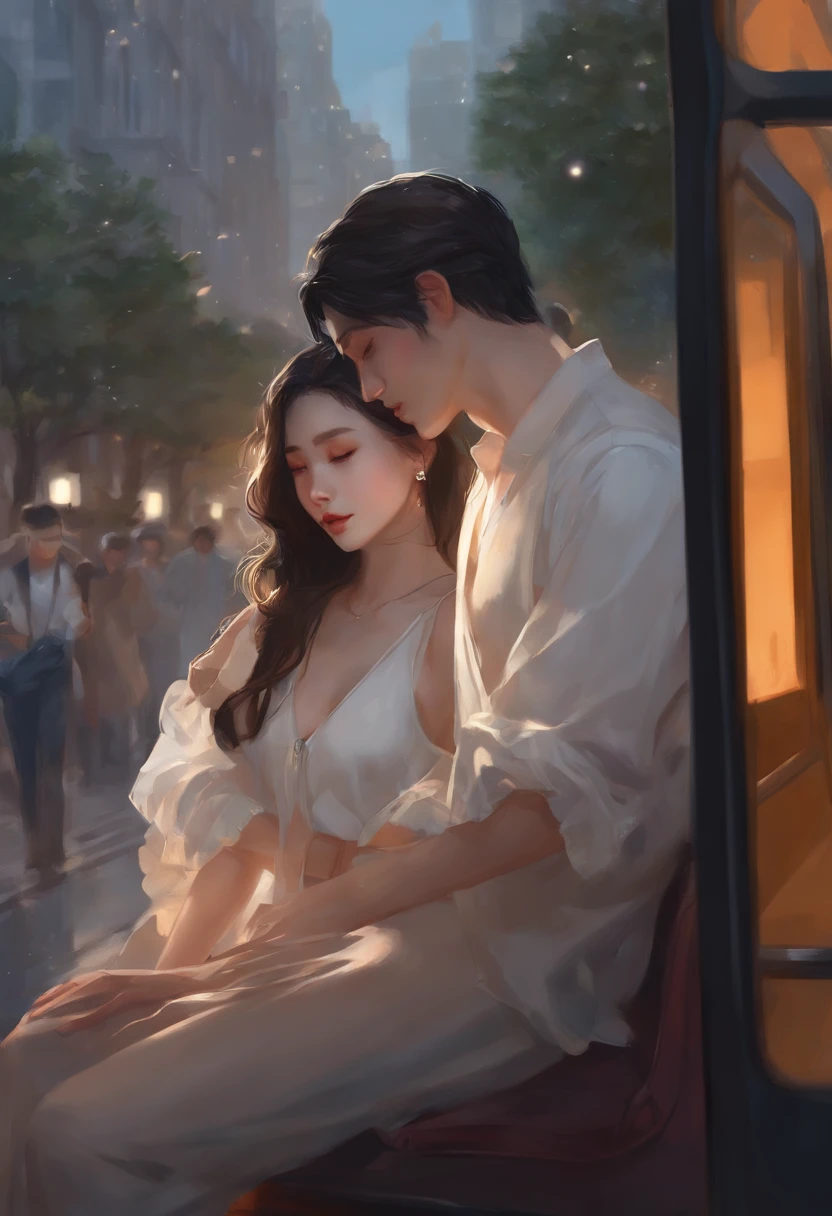 anime couple sitting on a bus together in the city, by Lü Ji, wlop painting style, art of wlop, by WLOP, by Tang Di, urban fantasy romance book cover, wlop art, by An Zhengwen, cgsociety 9, by Li Di, by Yao Tingmei, artgerm and ilya kushinov, sleep with love